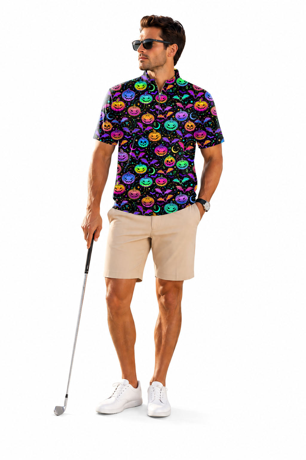 Men's Short Sleeve Quarter Zip Golf Pullover Neon Halloween Pumpkin Embroidery