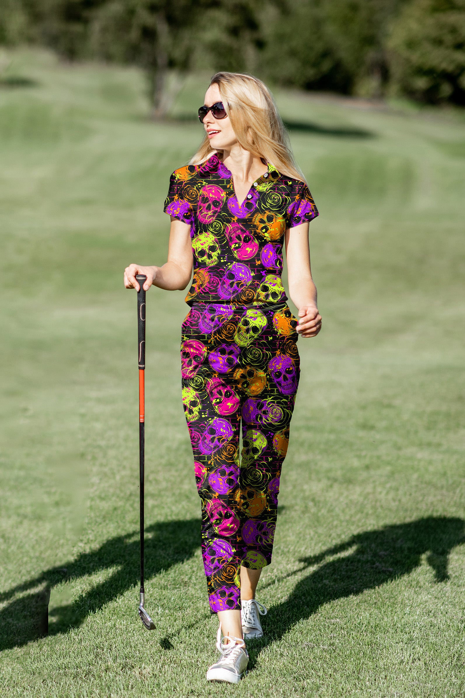 Women's Golf Polo+Pants Set Halloween Colors Skull