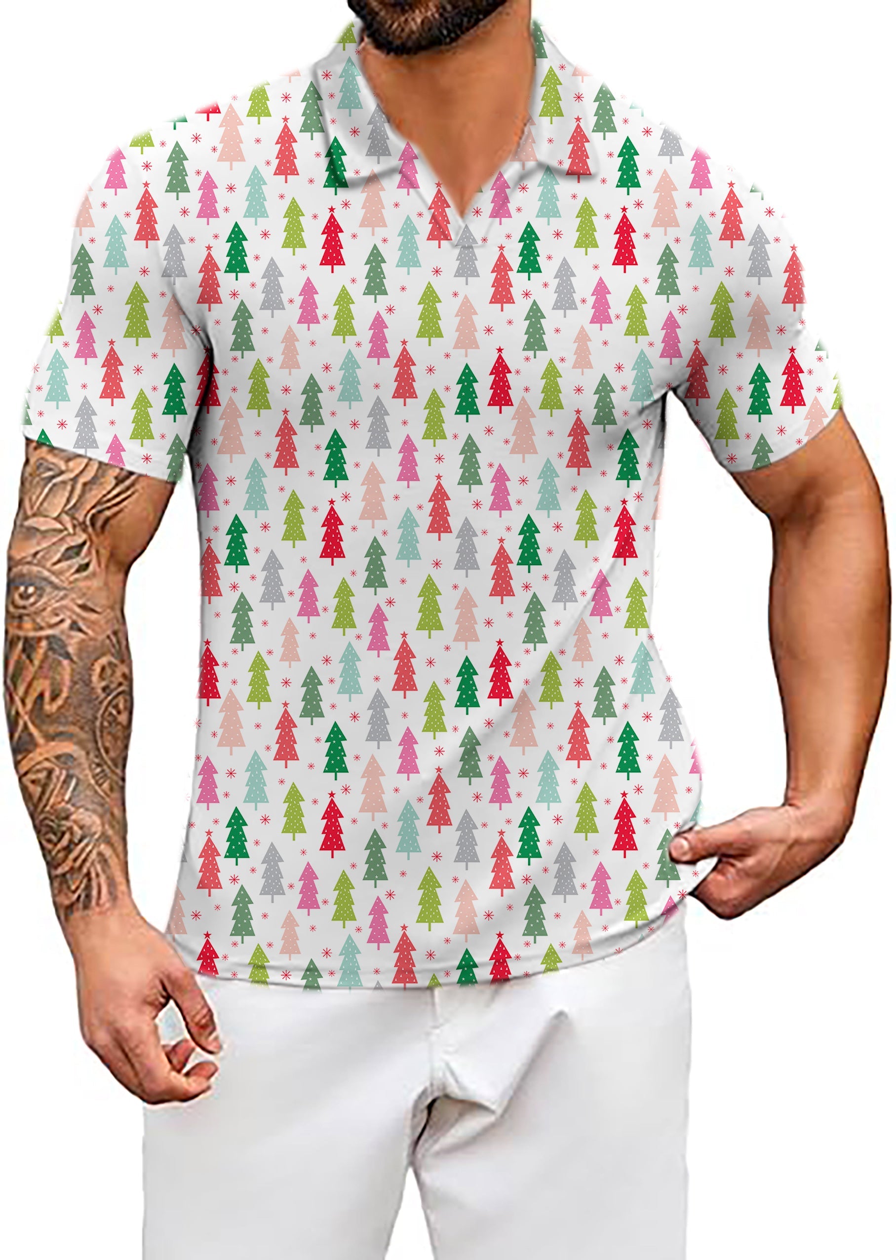 Men's Coconut Palm white polo with colorful Christmas tree print, wrinkle-resistant, moisture-wicking fabric, and classic fit