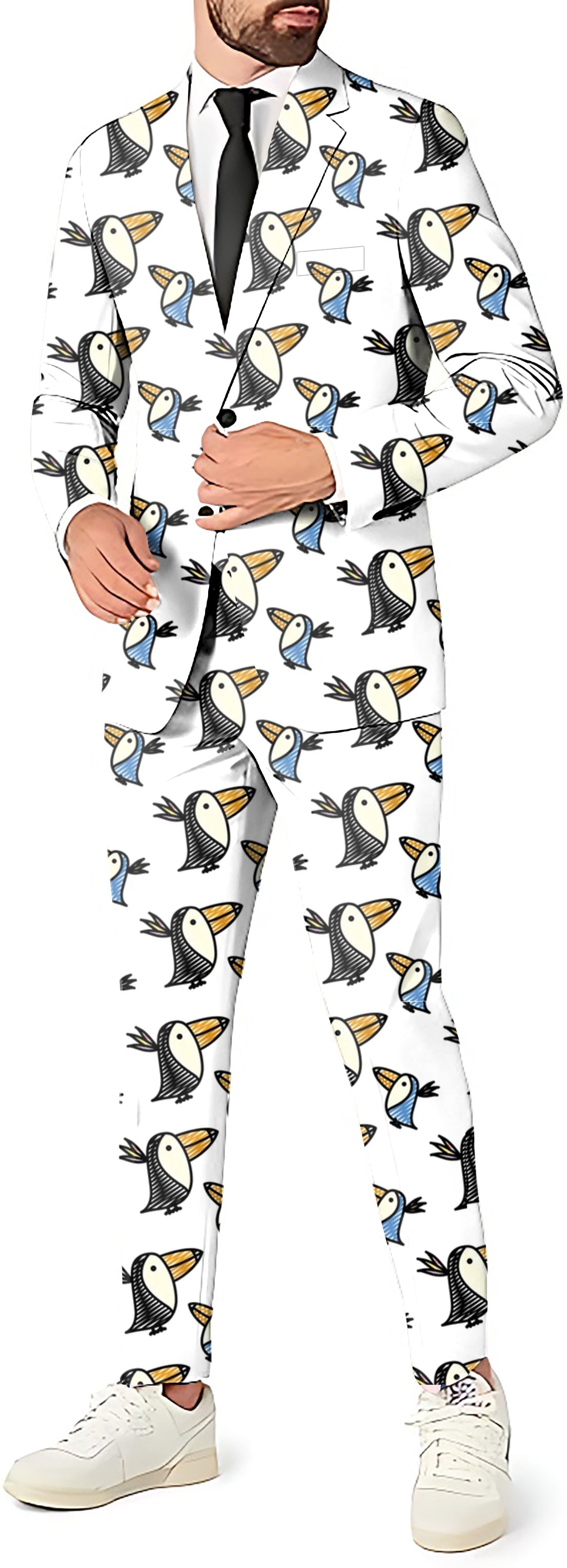 Men's Talking Toucan themed party suit set with blazer, pants, and vest in slim fit design