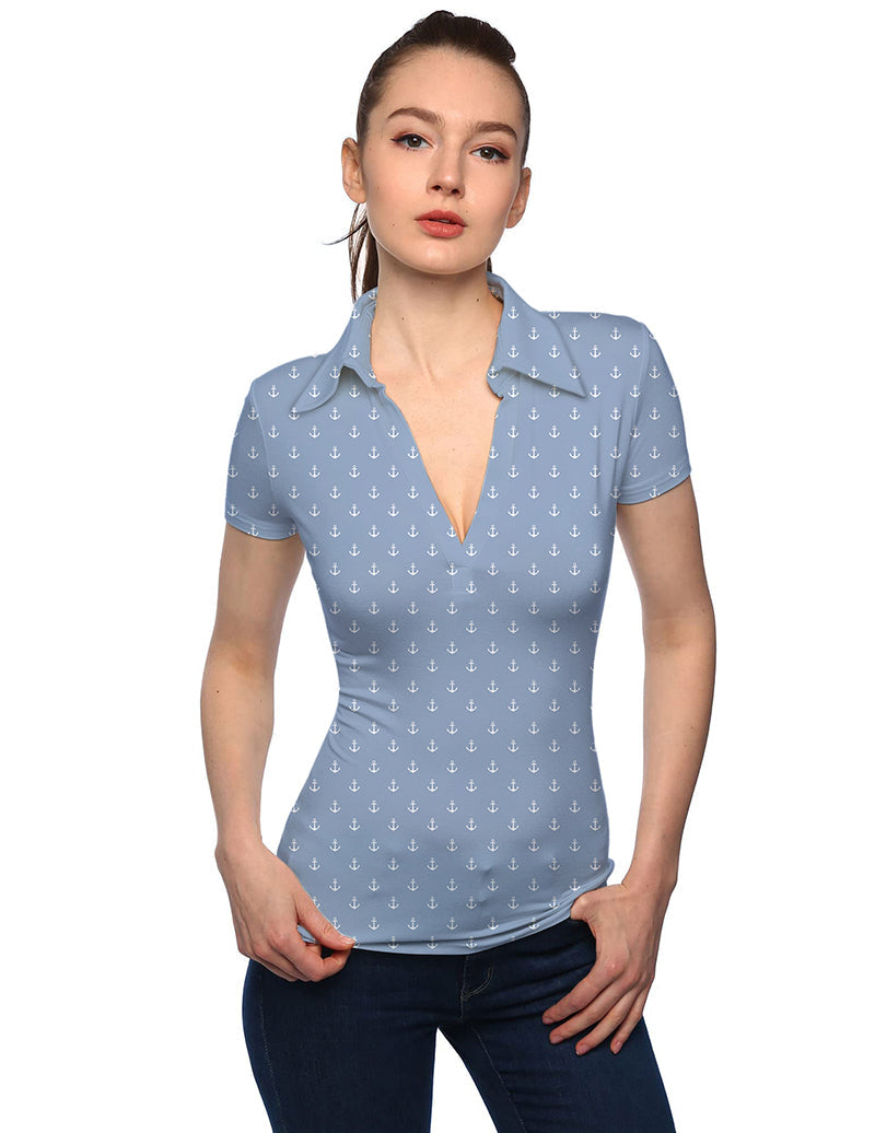Women's blue anchor print V-neck golf polo shirt with short sleeves and stand collar