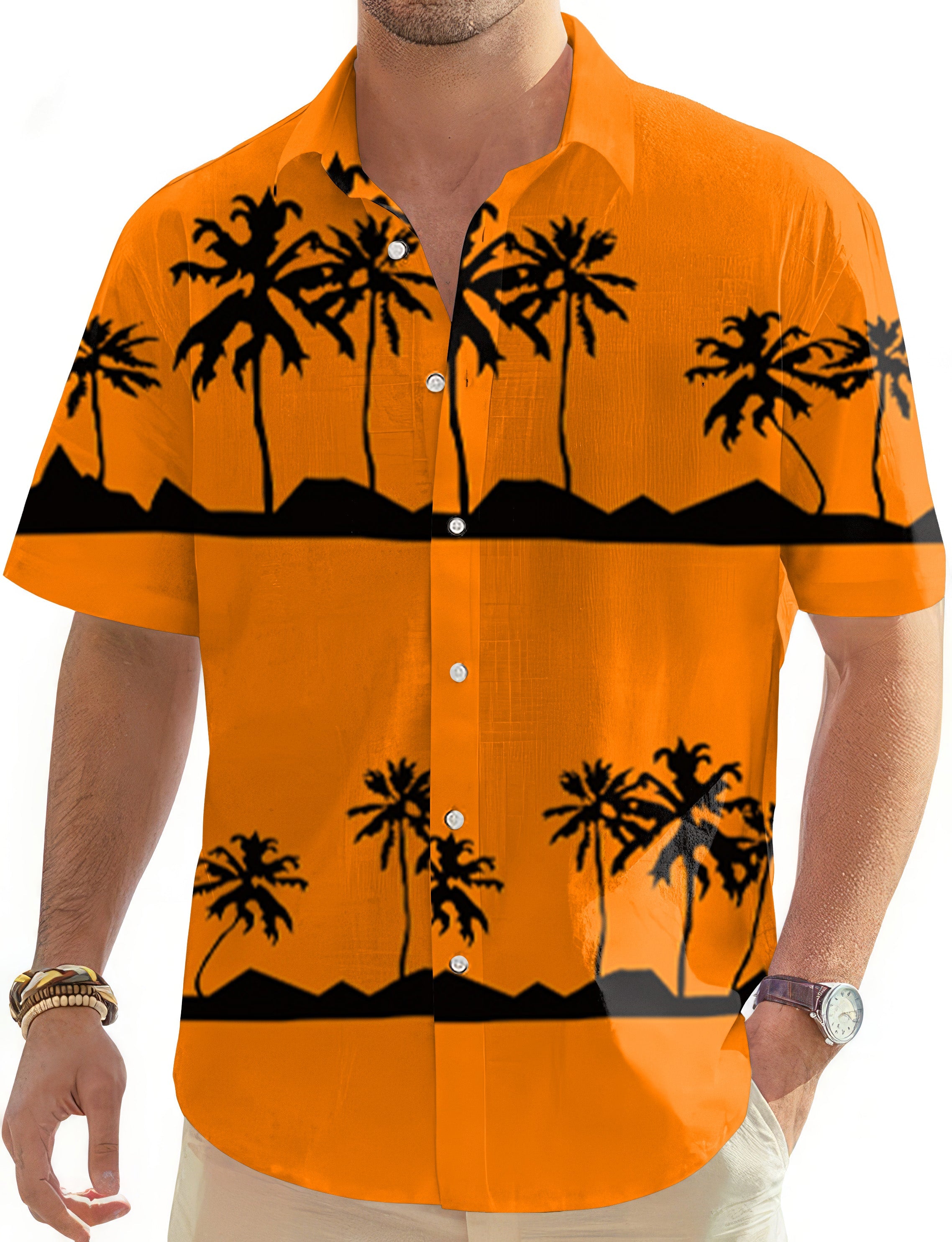 Men's Golf Hawaiian Shirt with orange sunset and black coconut tree design, button-down short sleeve shirt