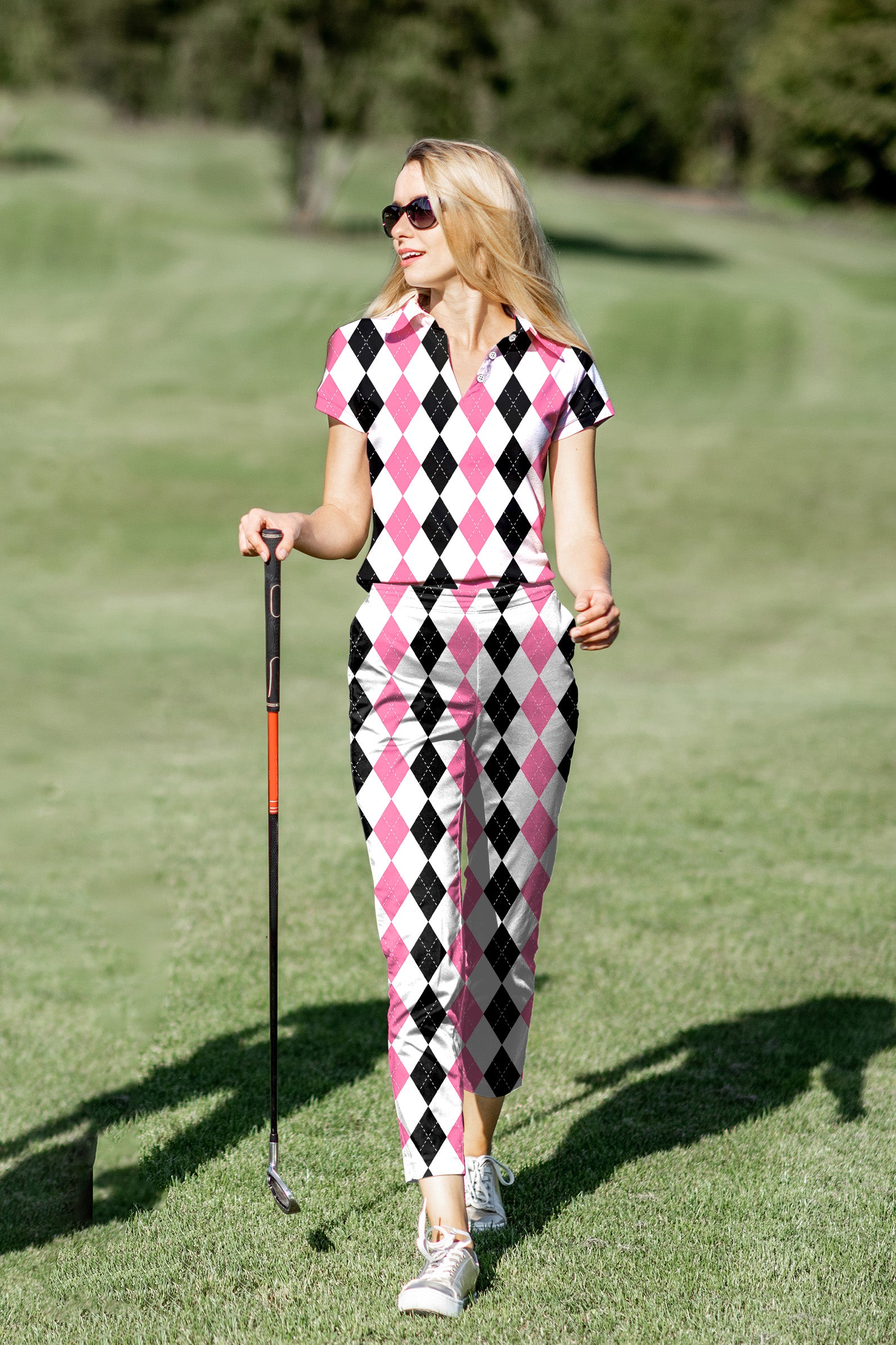 Women's Golf Polo+Pants Set pink black argyle