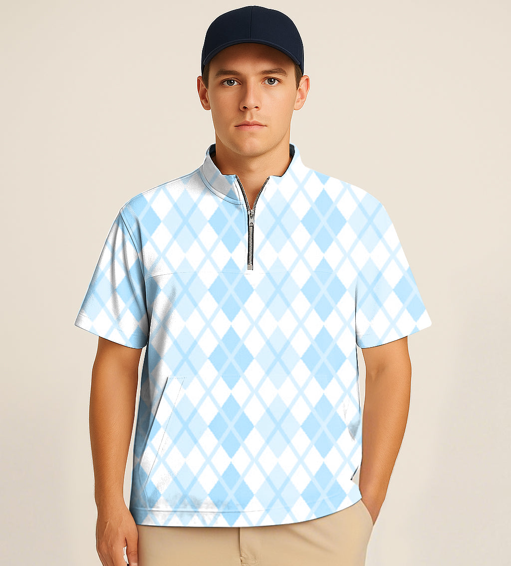 Half zipper turtleneck golf shirt with blue argyle grid embroidery and short sleeves