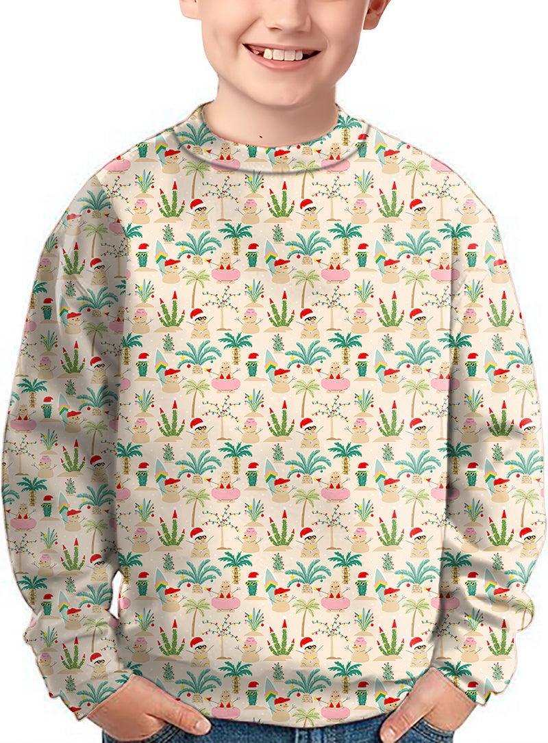 Kids Christmas desert crewneck pullover with festive cactus and flamingo pattern