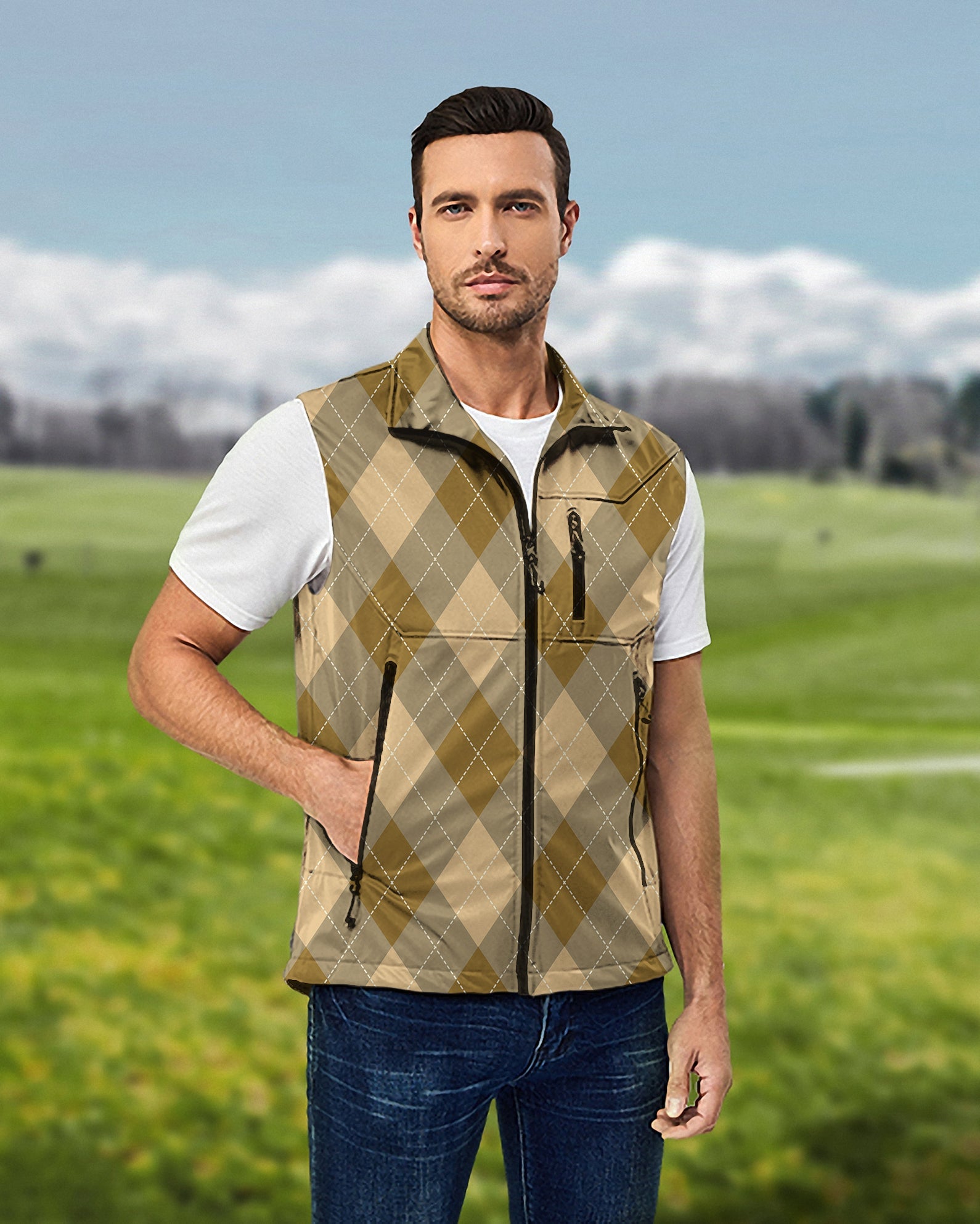 Men's brown Argyle lightweight softshell vest sleeveless jacket for golf outdoors