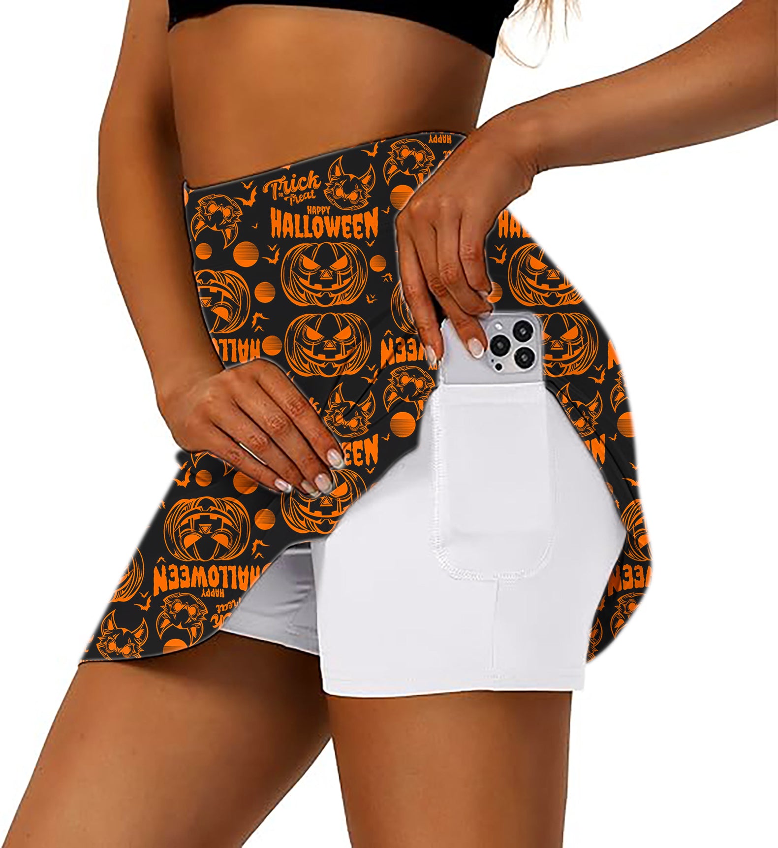 Women's -Happy Halloween Pumpkin Golf Skirts Inner Shorts Pocket