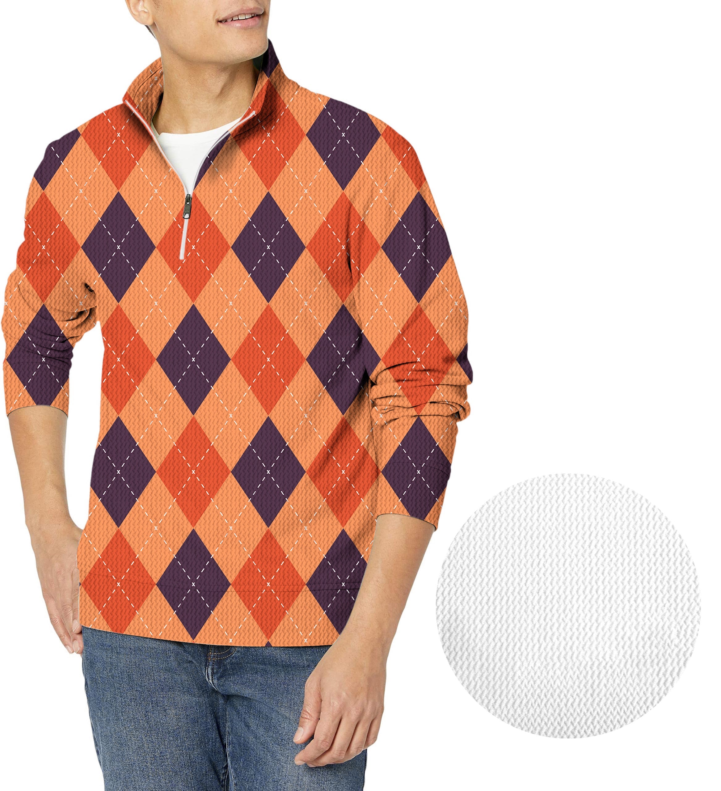 Halloween black red orange argyle men's golf waffle zipper pullover sweater