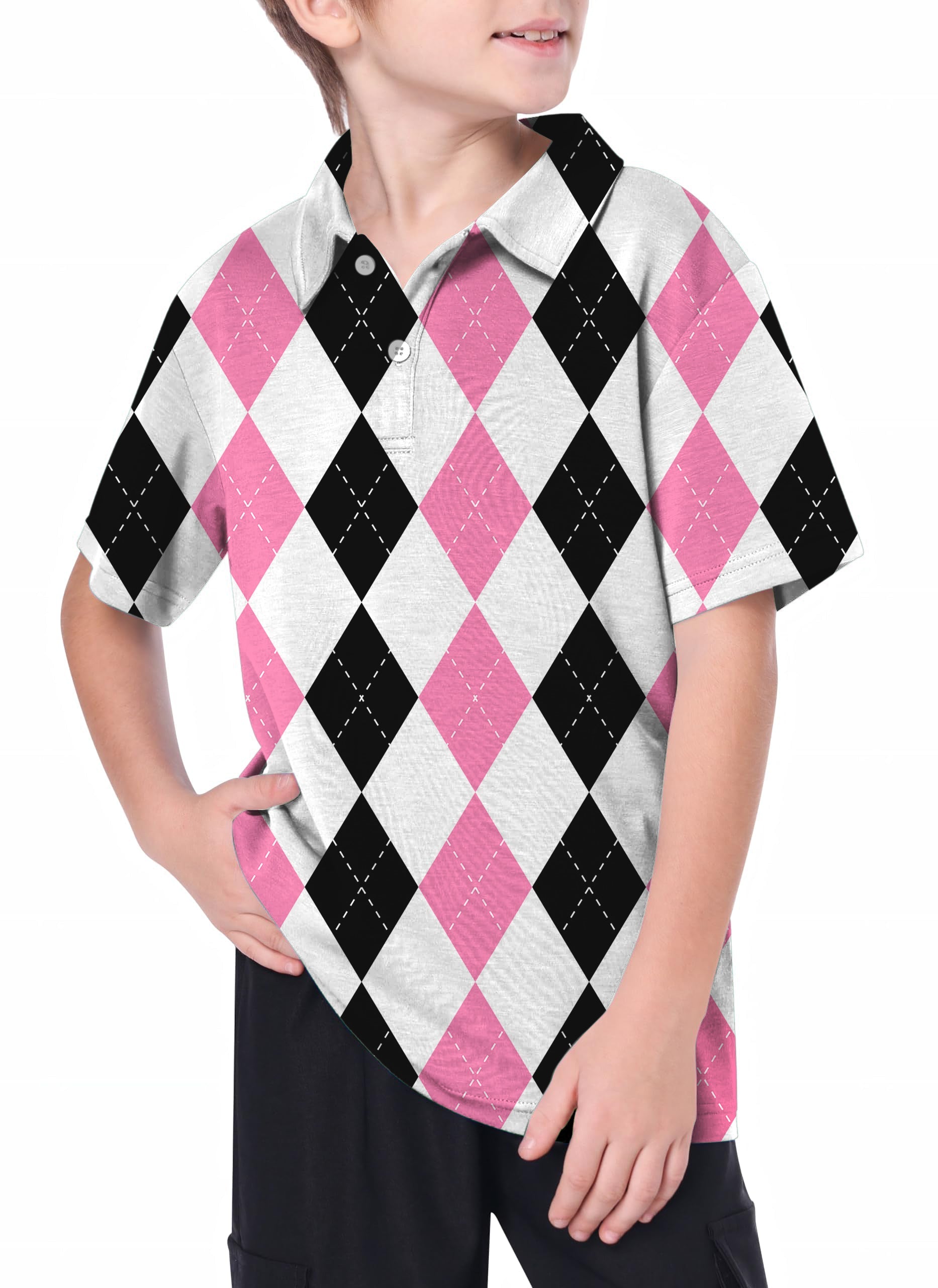 Youth pink black argyle outdoor golf polo shirt for youth women with 4-way stretch and moisture wicking