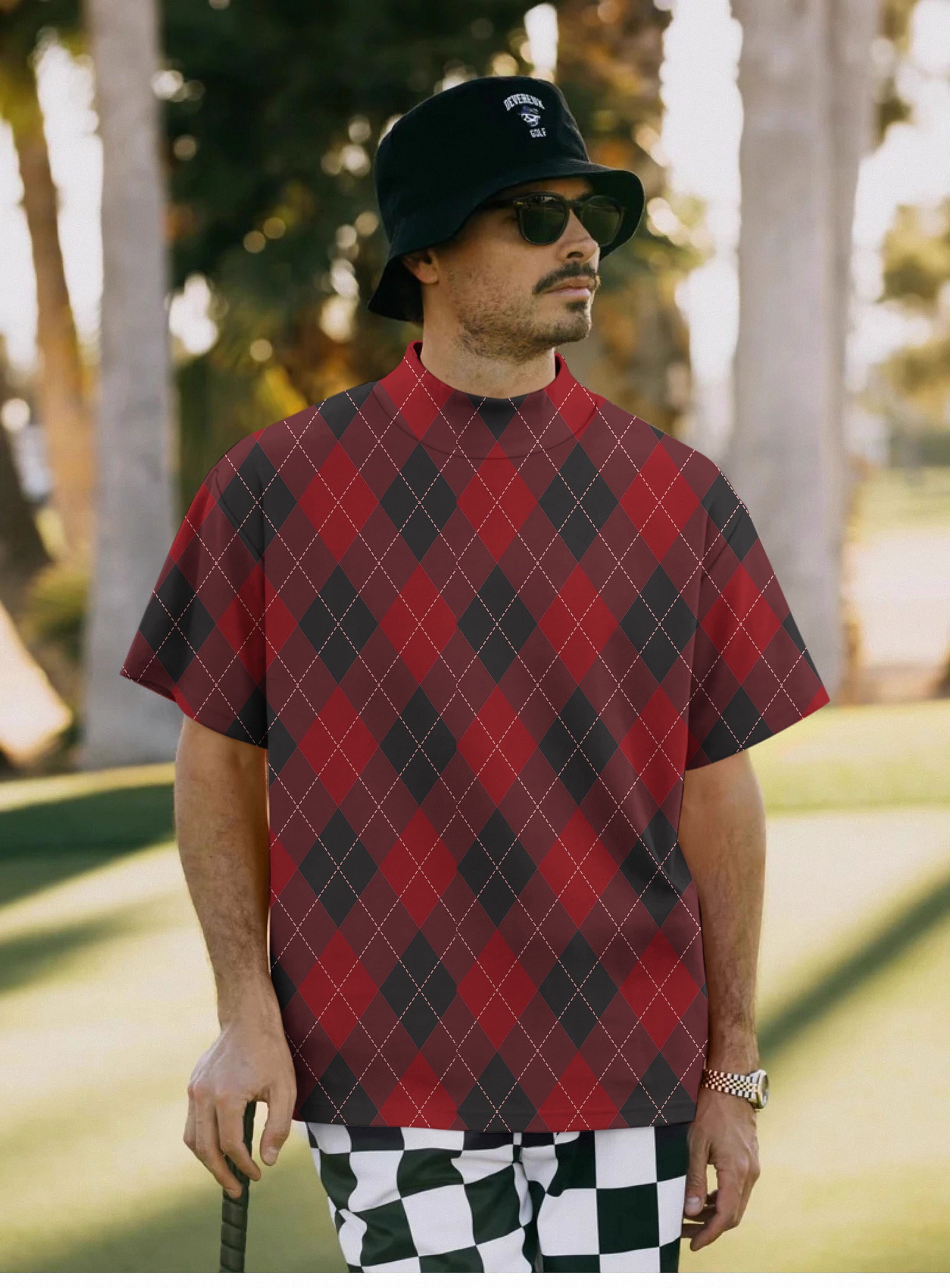 Men's red Argyle Pullover High neck Long/Short sleeve T-Shirt
