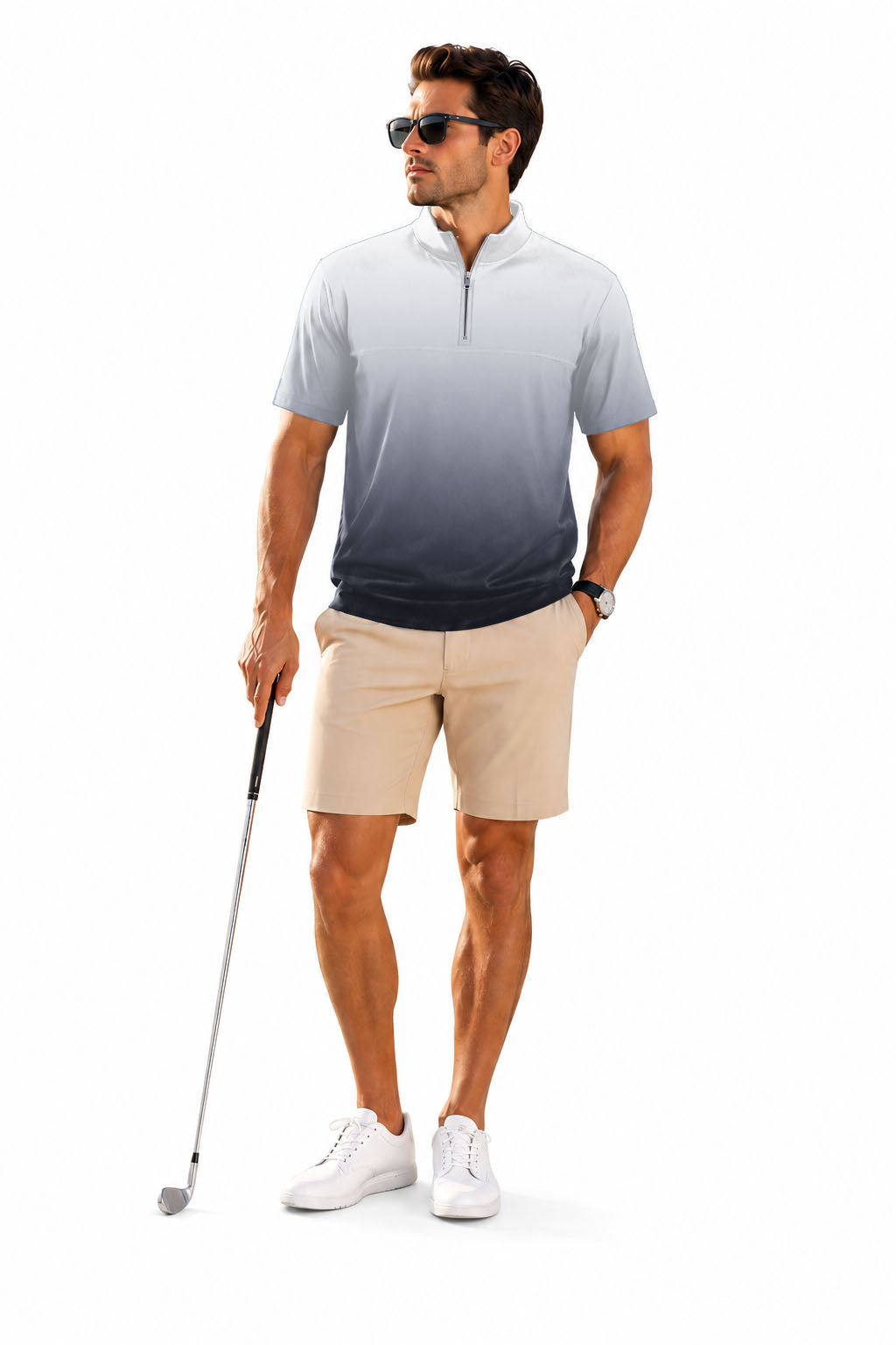 Men's Short Sleeve Quarter Zip Golf Pullover Black And White Gradient Embroidery