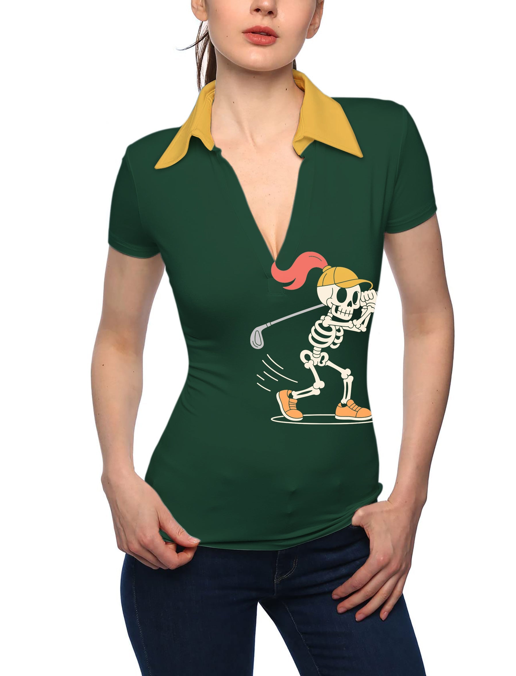 Women's pumpkin green Halloween skeleton golf polo shirt with V-neck and stand collar