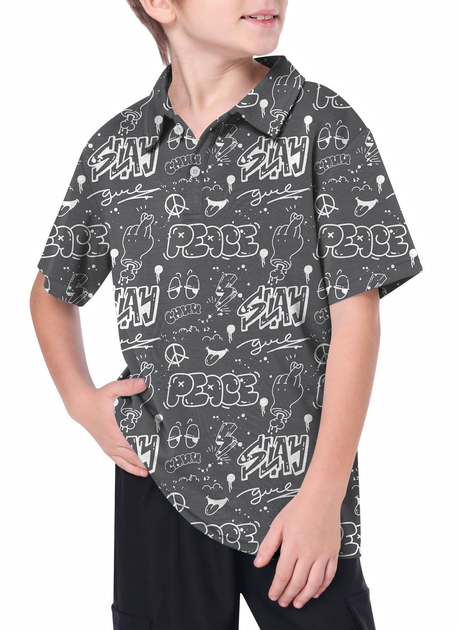 youth gray slay peace golf polo shirt with graphic print and collar worn by boy