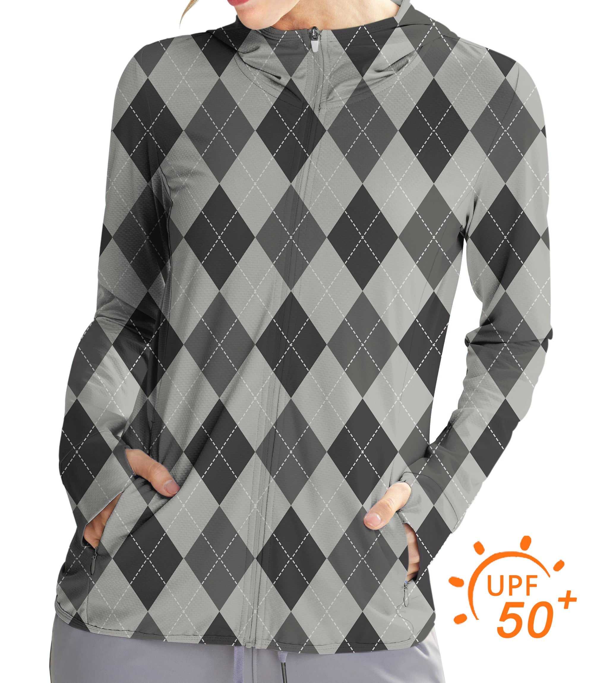 Women's outdoor grey argyle golf sun protection slim fit zip hoodie with UPF 50+ and thumb holes