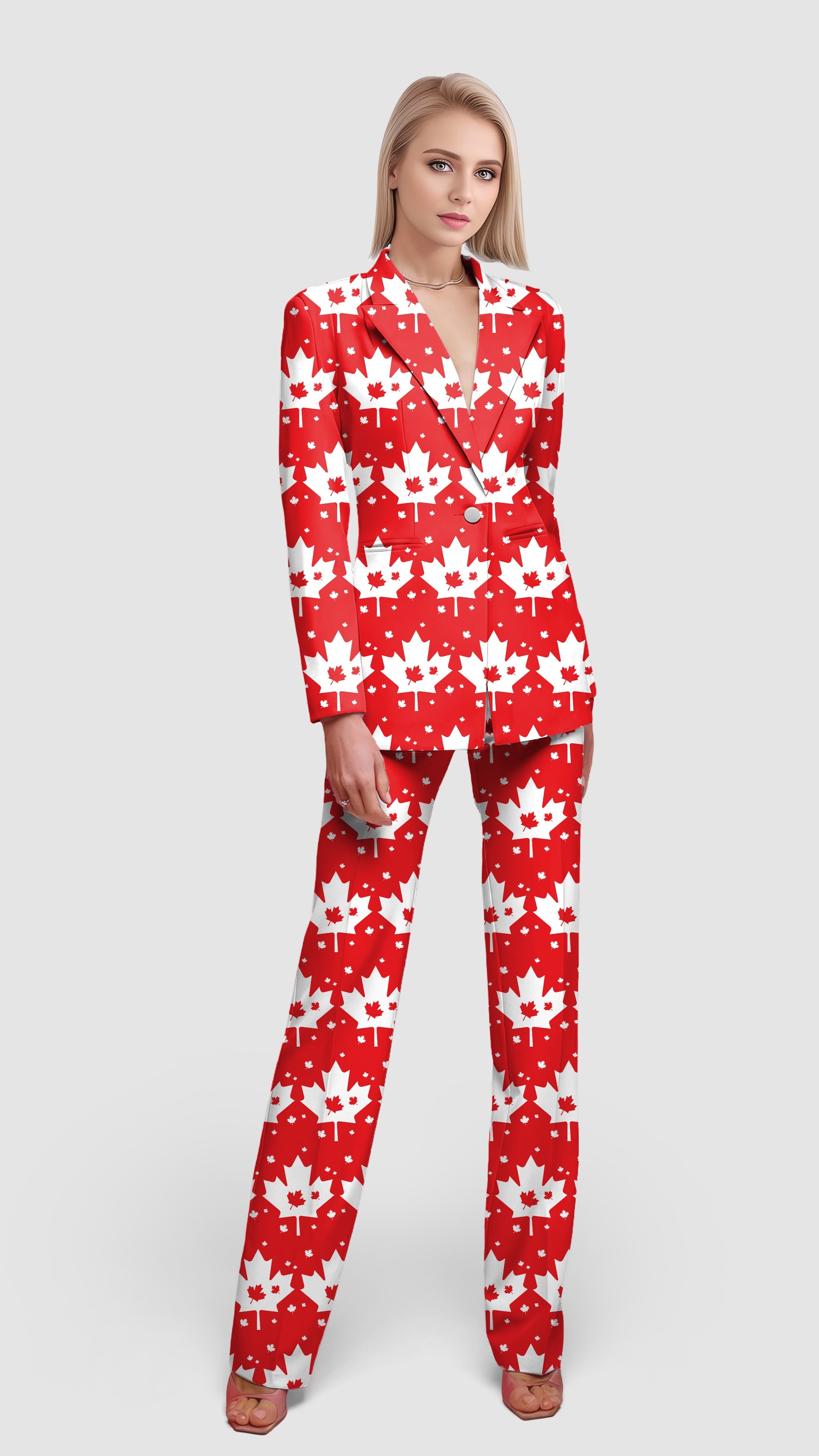 Canadian Maple Leaf Women's Blazer suit with red and white maple leaf pattern, casual work office style for women