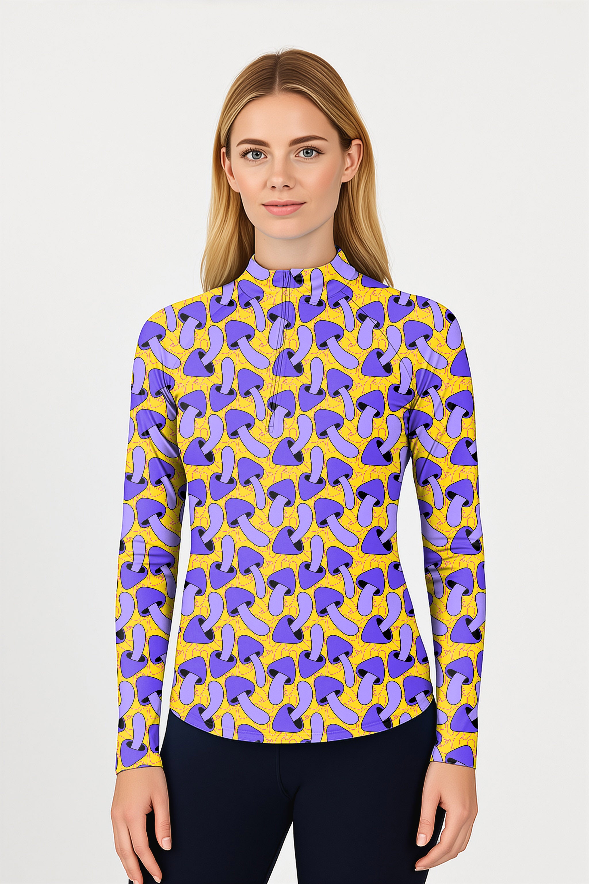Psychedelic Mushroom Print Women's Golf Active 3/4 Zipper Top Long Sleeves