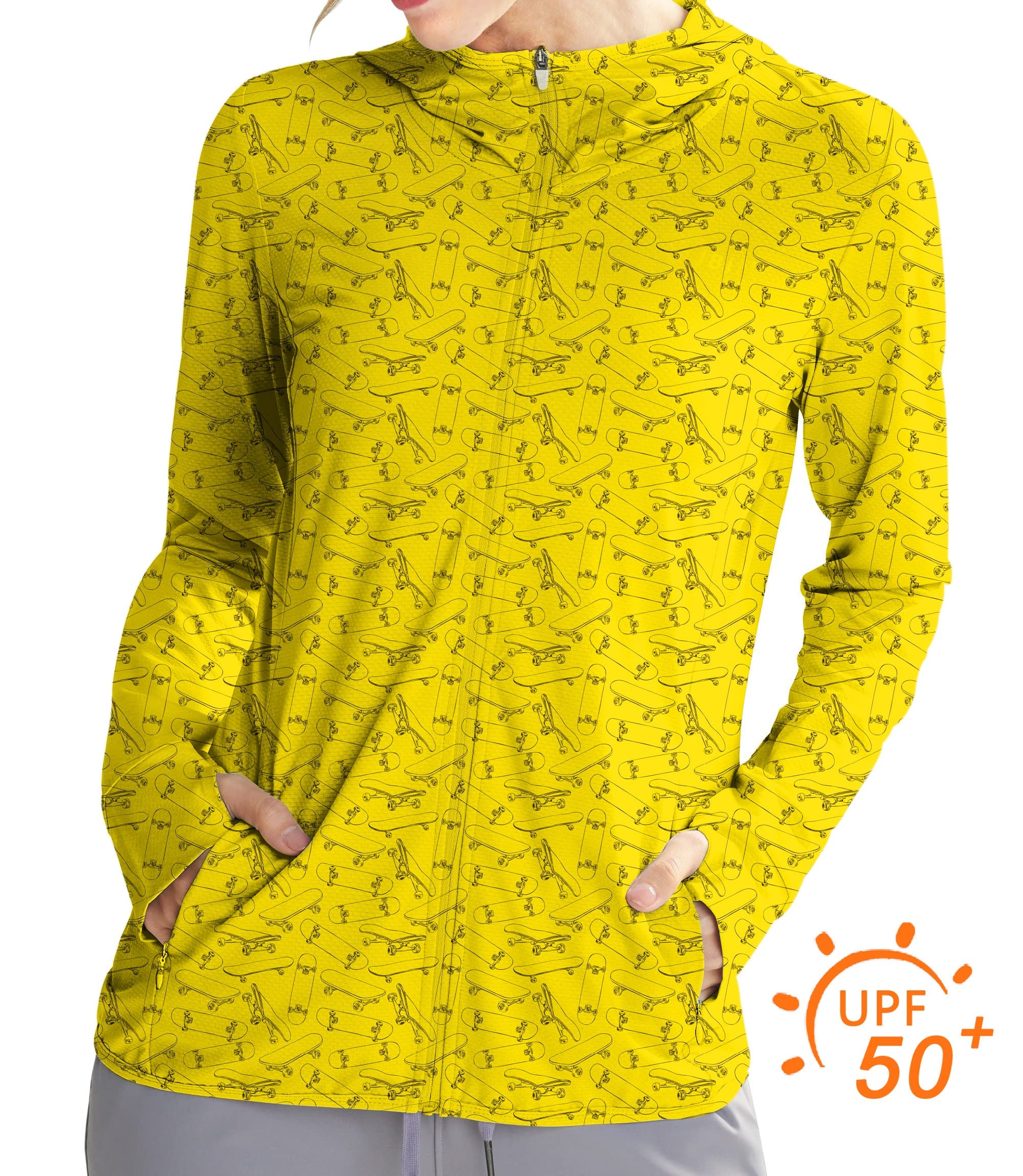 Women's yellow slim fit zip hoodie with skateboard print and UPF 50+ sun protection for outdoor activities