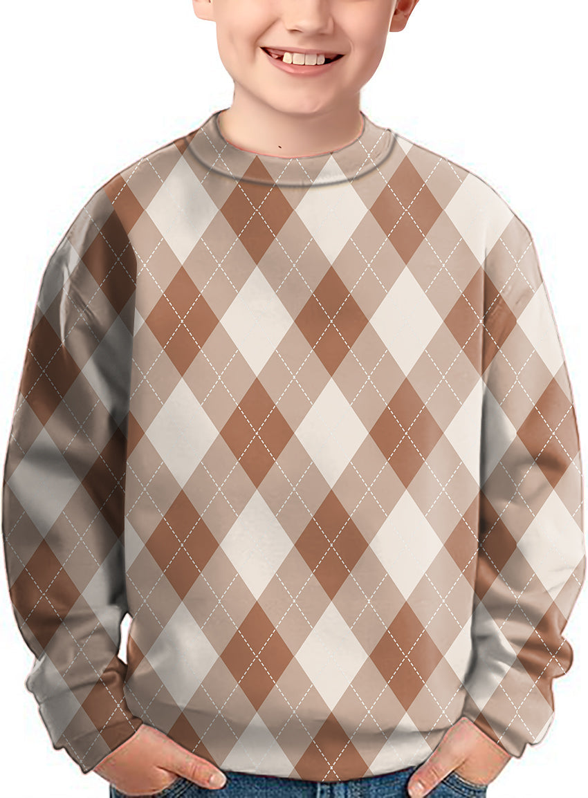 brown Argyle crewneck pullover kids ugly sweater with diamond pattern