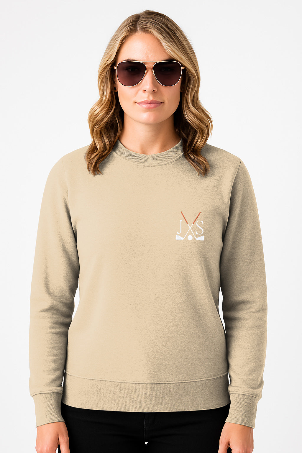 Plus size khaki embroidery solid color crew neck sweatshirt with golf club design and initials