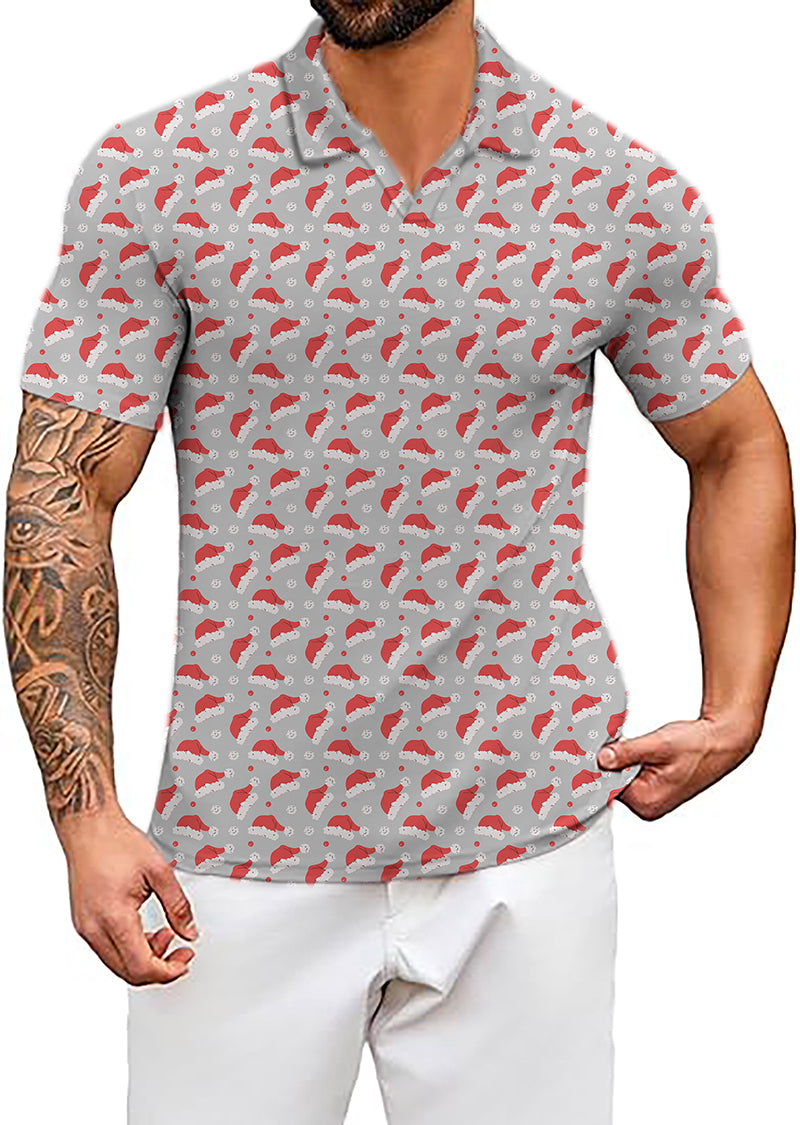 Men's Christmas polo shirt with Santa hat pattern, casual festive wear