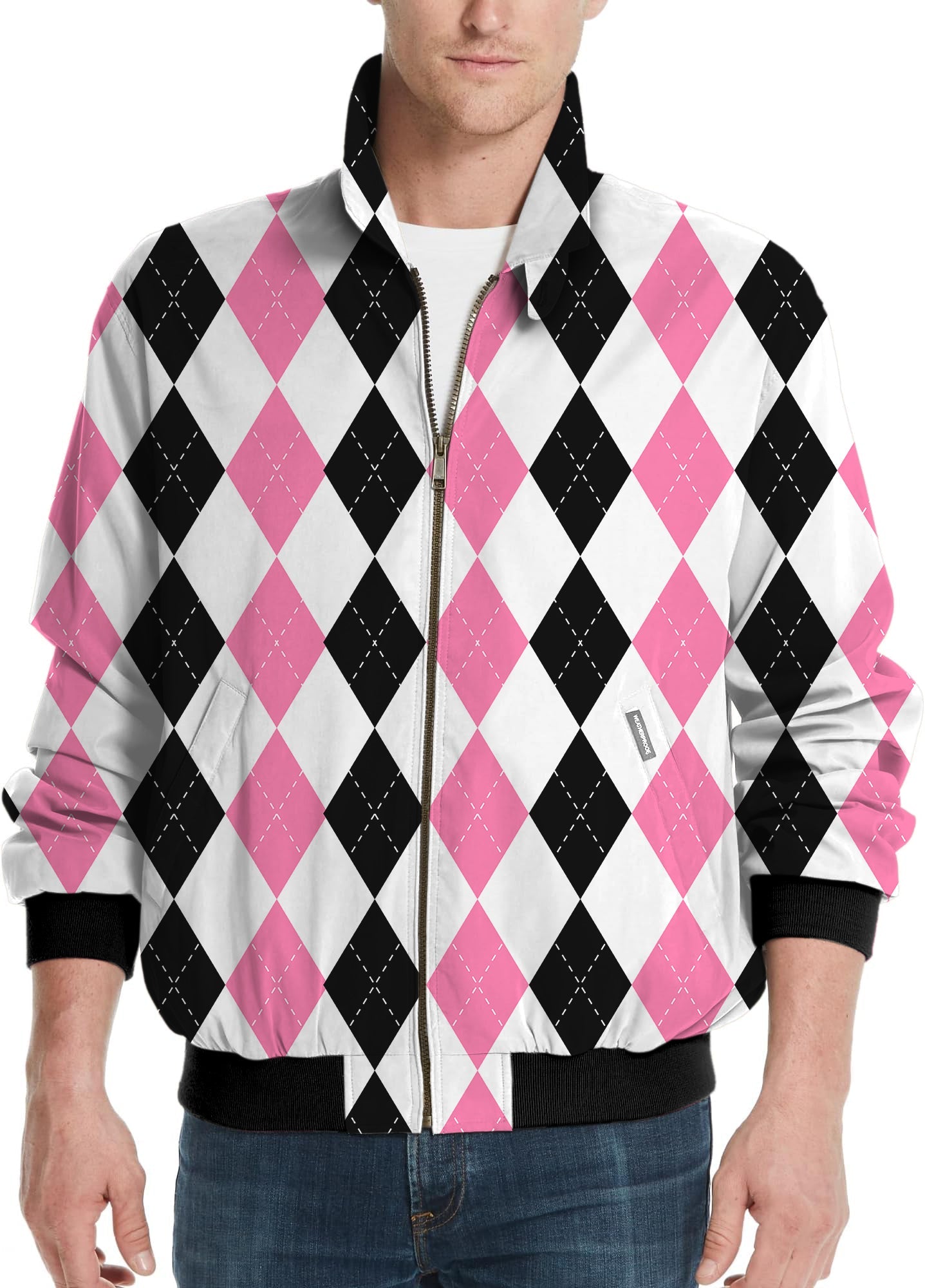 Men's golf windbreaker jacket with pink and black argyle pattern