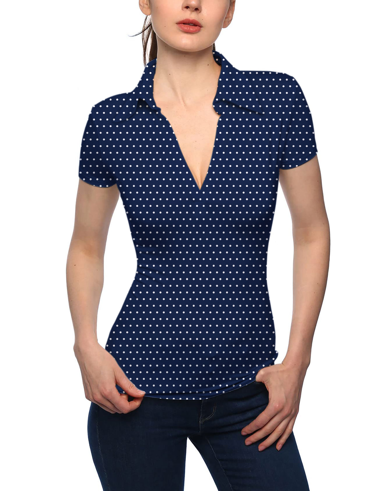 Women's Navy blue with white polka dots V Neck Golf Polo