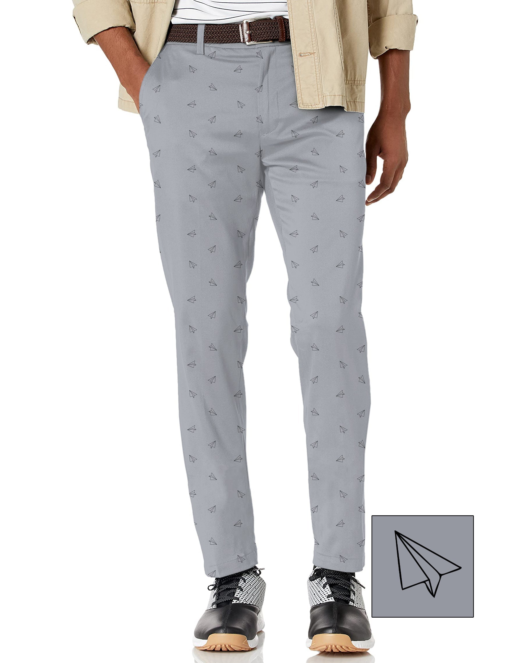 Men's paper airplanes print stretch golf pants in light gray with moisture-wicking fabric and active waistband