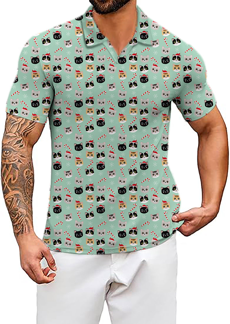 Men's Coconut Palm navy blue ink dots Christmas cat print short sleeve shirt with four-way stretch and wrinkle-resistant fabric