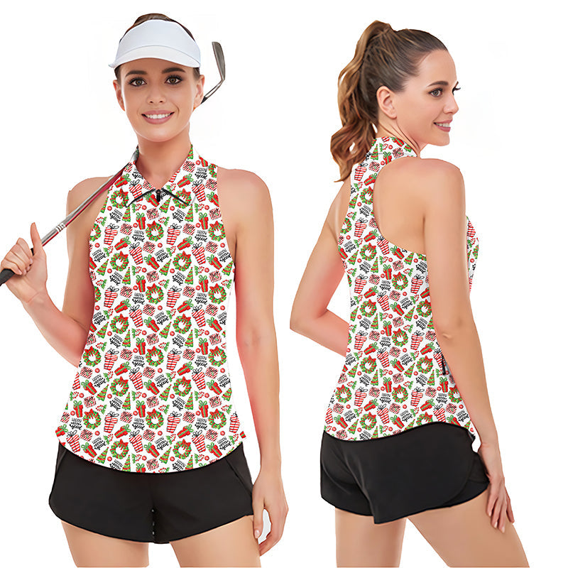 Women’s sleeveless golf tank top with Christmas print, breathable, moisture-wicking, and UPF50+ sun protection.