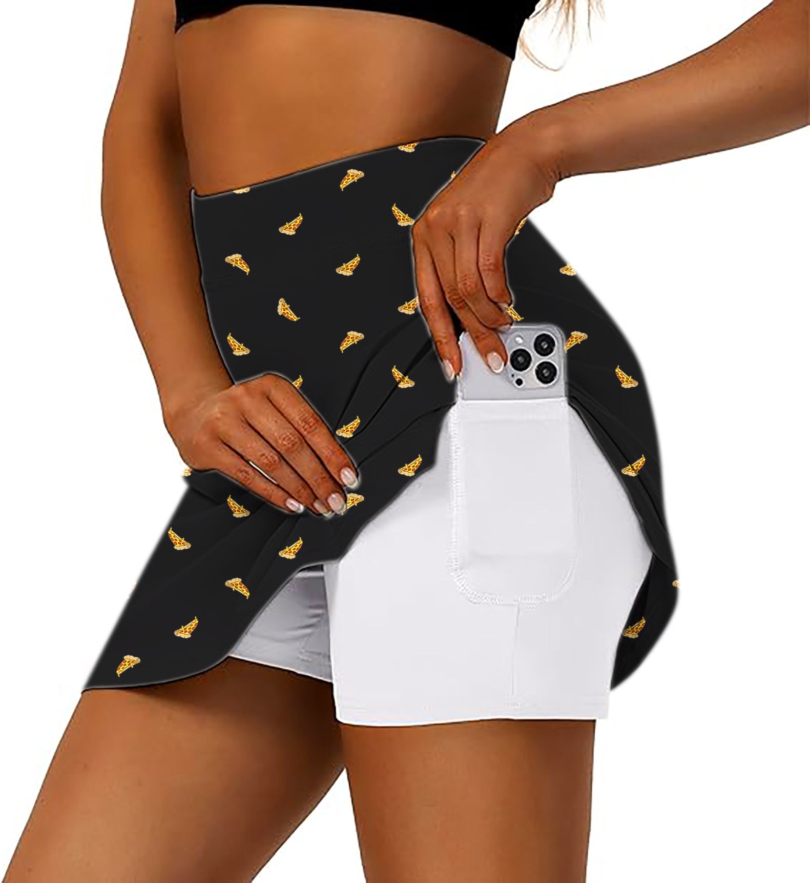 Women's golf skirt with delicious white pizza pattern, integrated inner shorts and side pocket for phone.