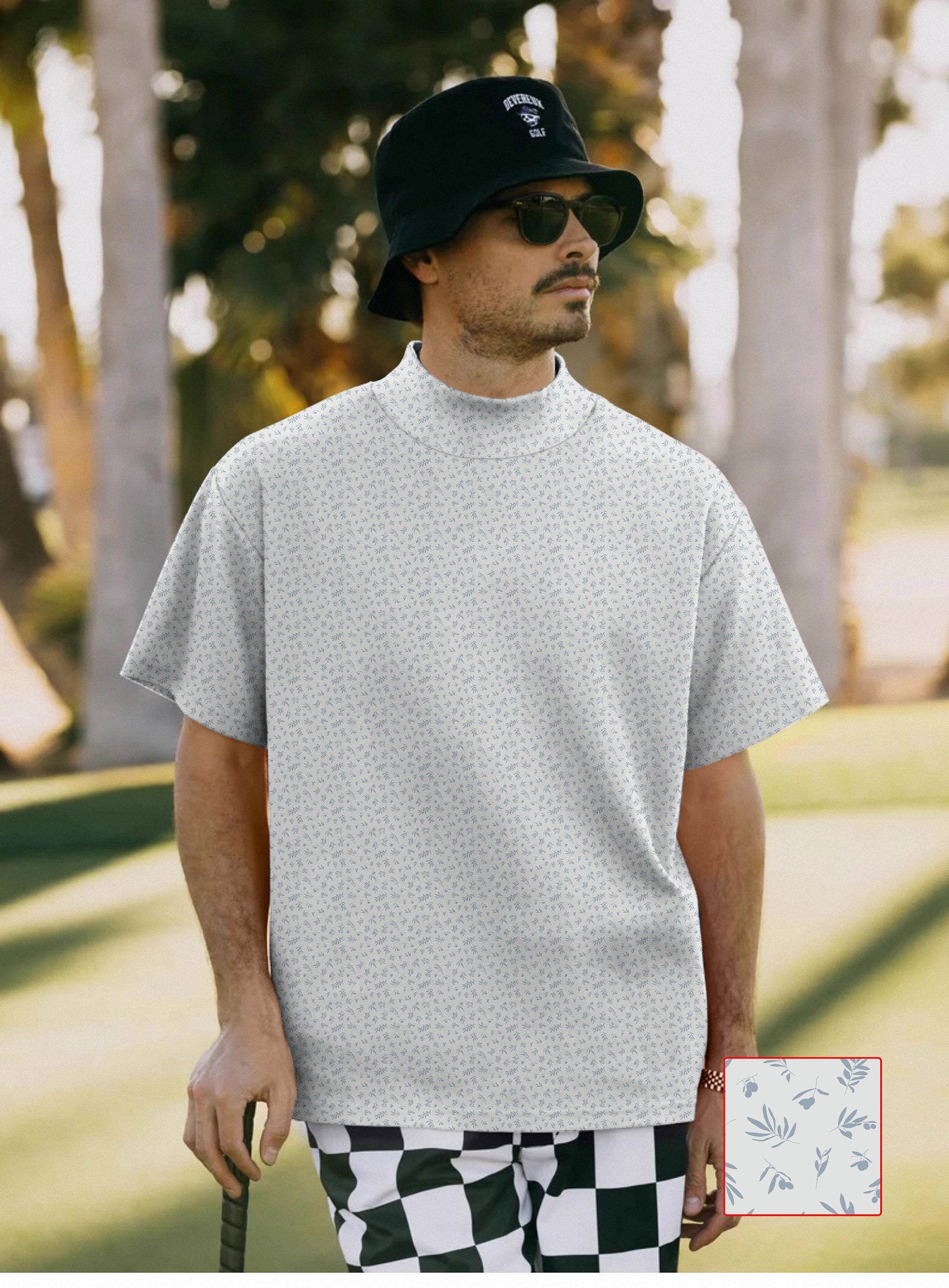 Men's Leaves And Fruits Pullover high neck short sleeve T-shirt with subtle leaf and fruit pattern, worn outdoors