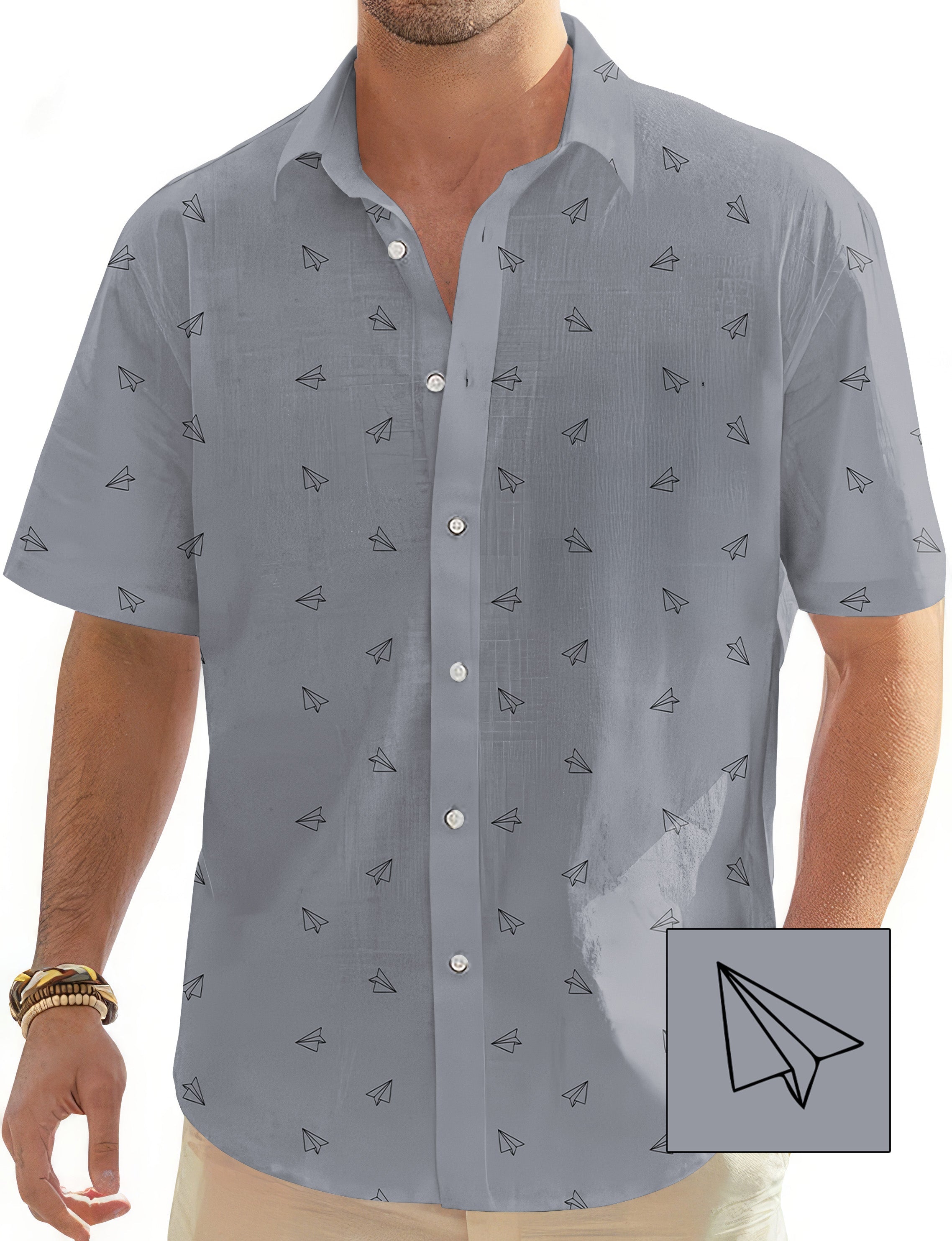 Men's button down shirt with paper airplanes pattern on light blue background, short sleeve golf Hawaiian style