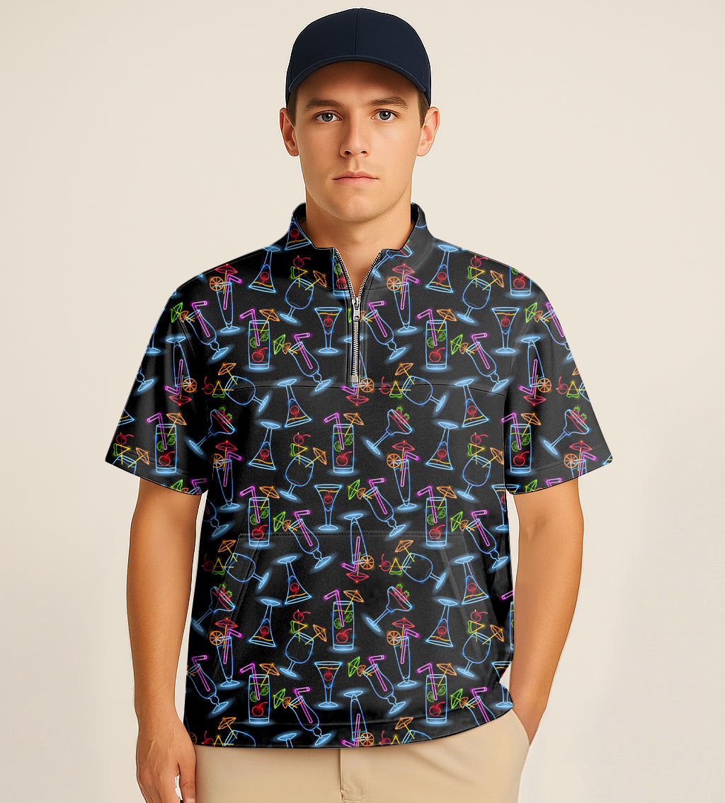 Half zipper turtleneck golf shirt with neon drinker embroidery pattern