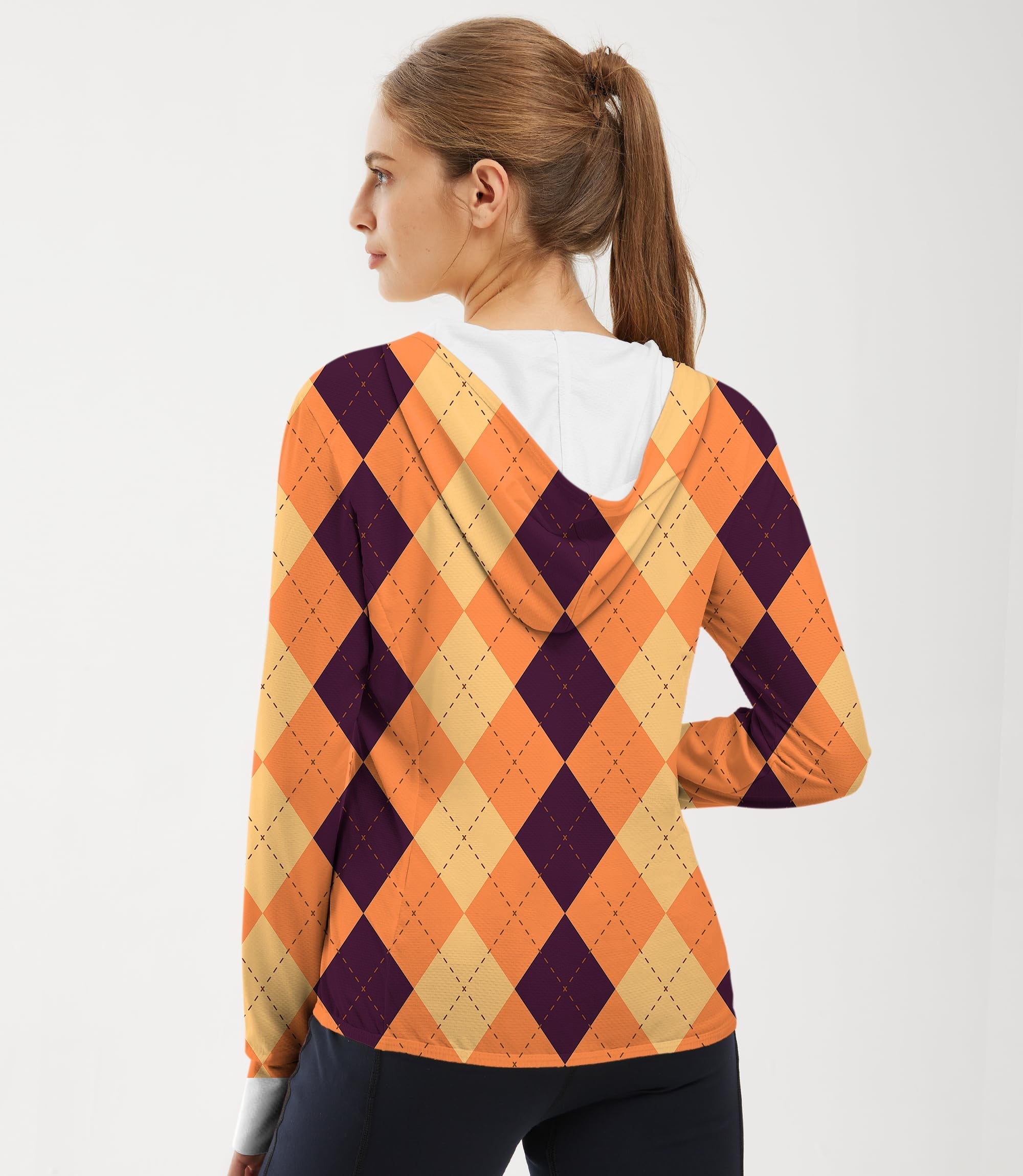 Women's outdoor Halloween black light yellow orange argyle golf sun protection slim fit zip hoodie back view