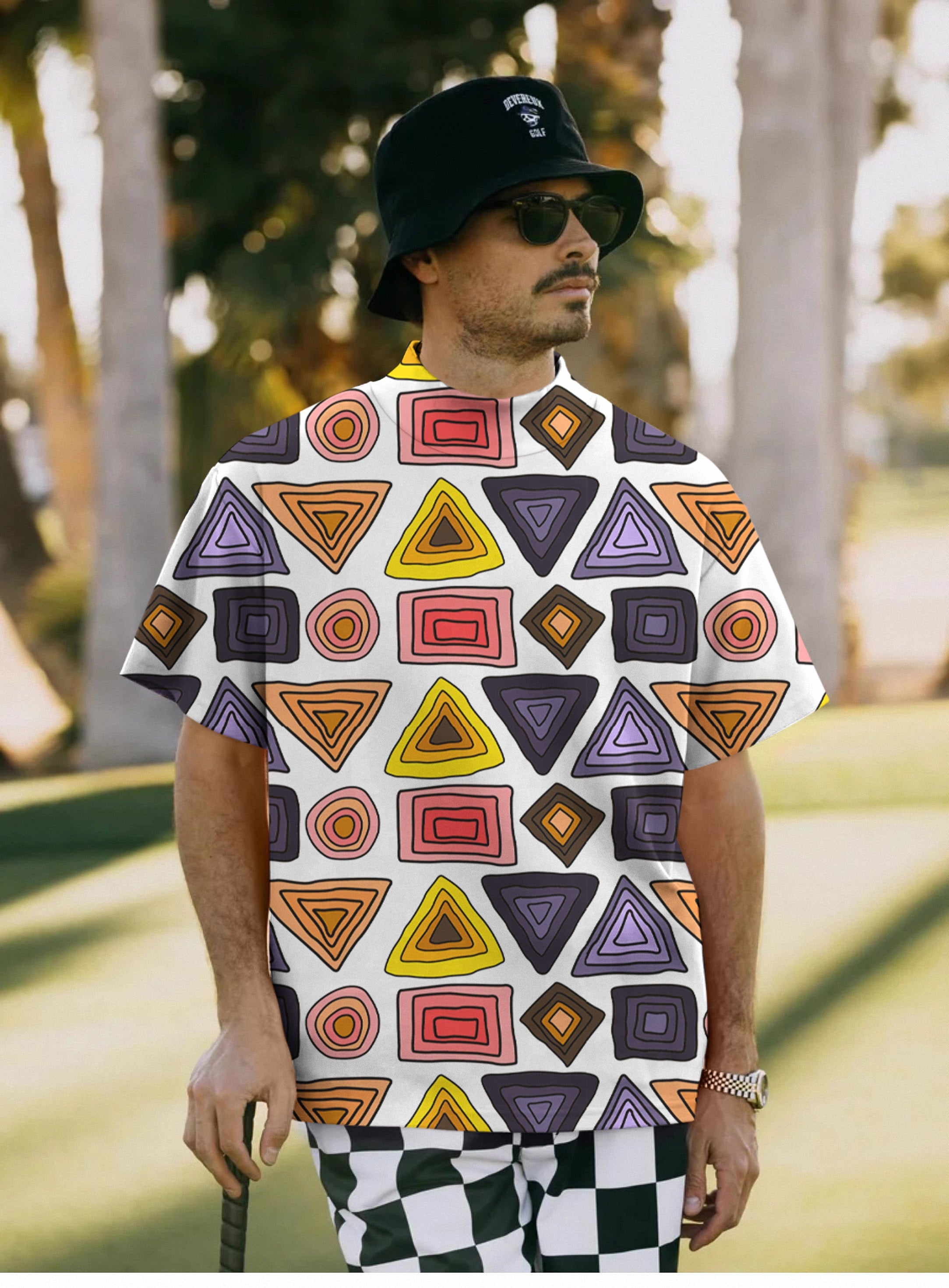 Men's colorful triangle tribal pullover T-shirt with high neck and short sleeves