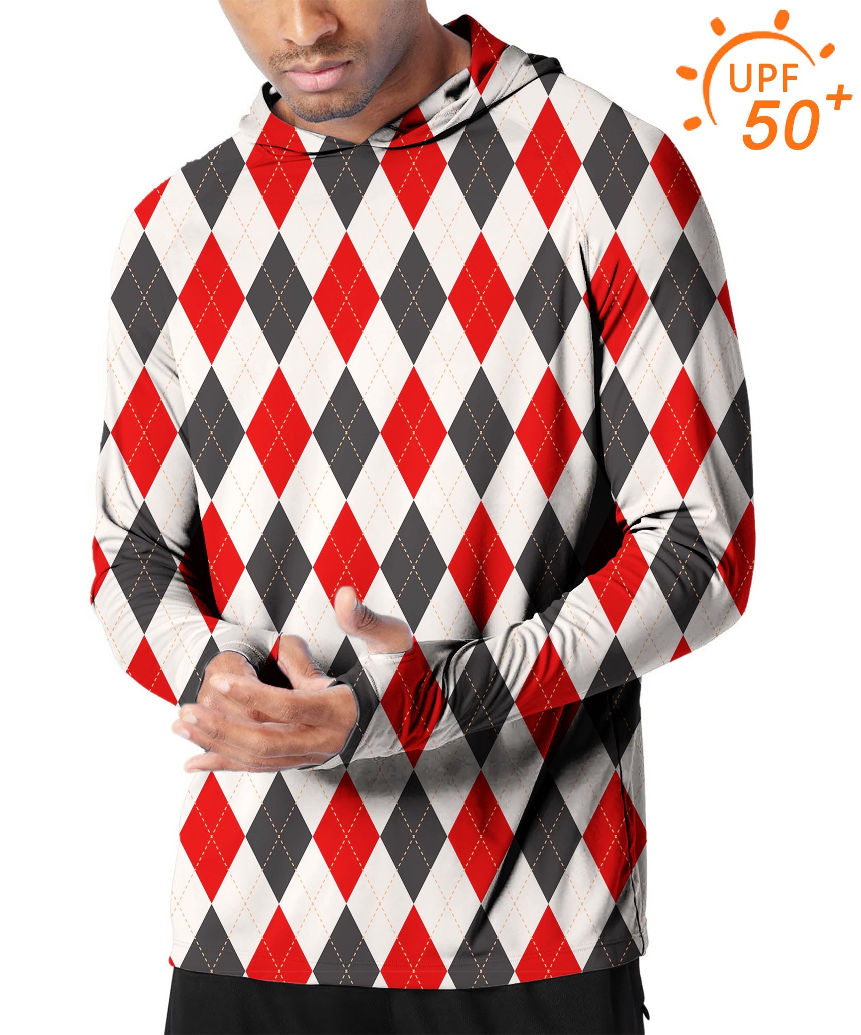 Men's outdoor slim fit hoodie with red and black argyle grid pattern, UPF 50+ sun protection, breathable and moisture-wicking fabric.