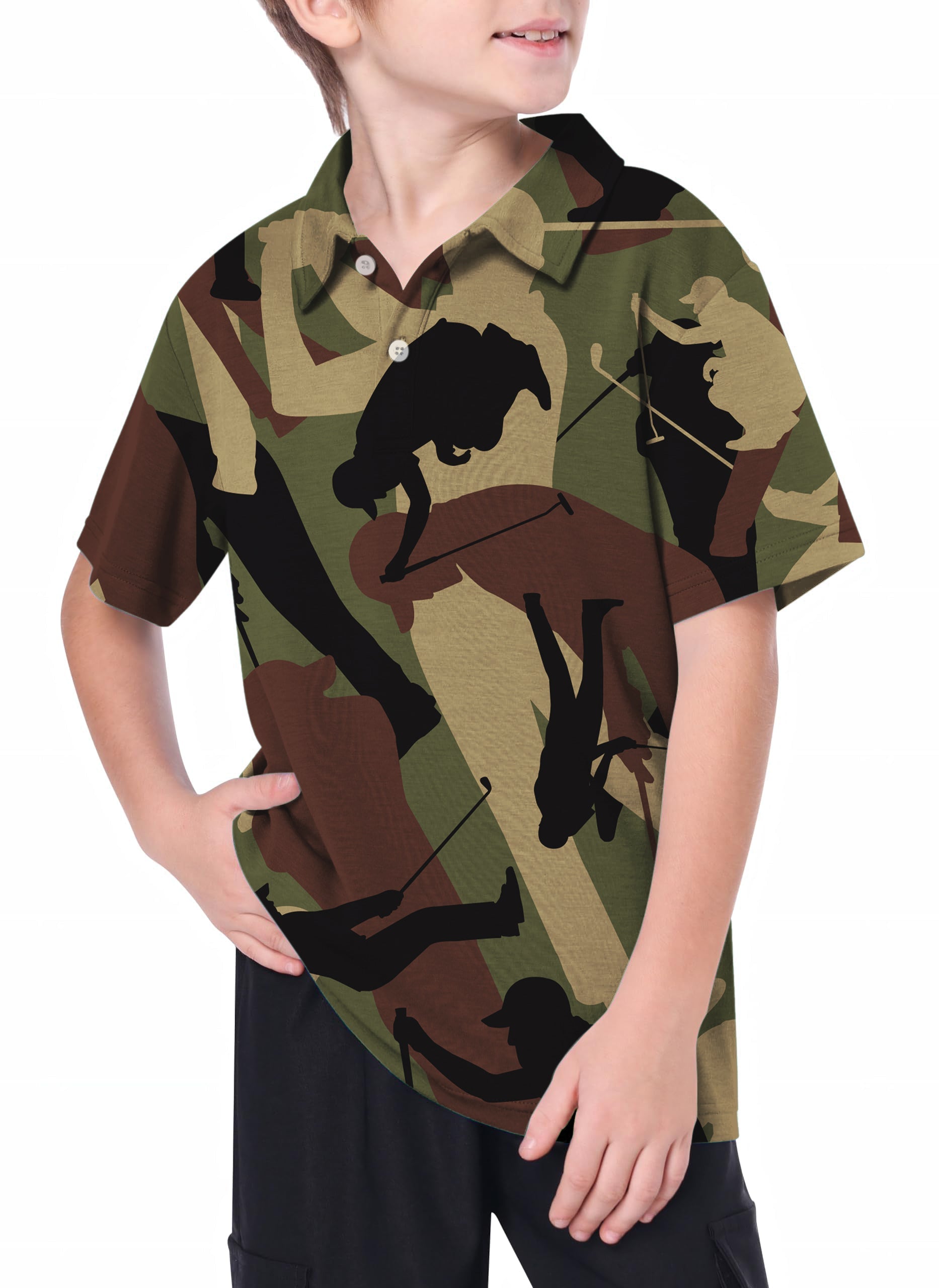 Youth Army Green Golf polo shirt with camouflage pattern and golfer silhouettes for youth.