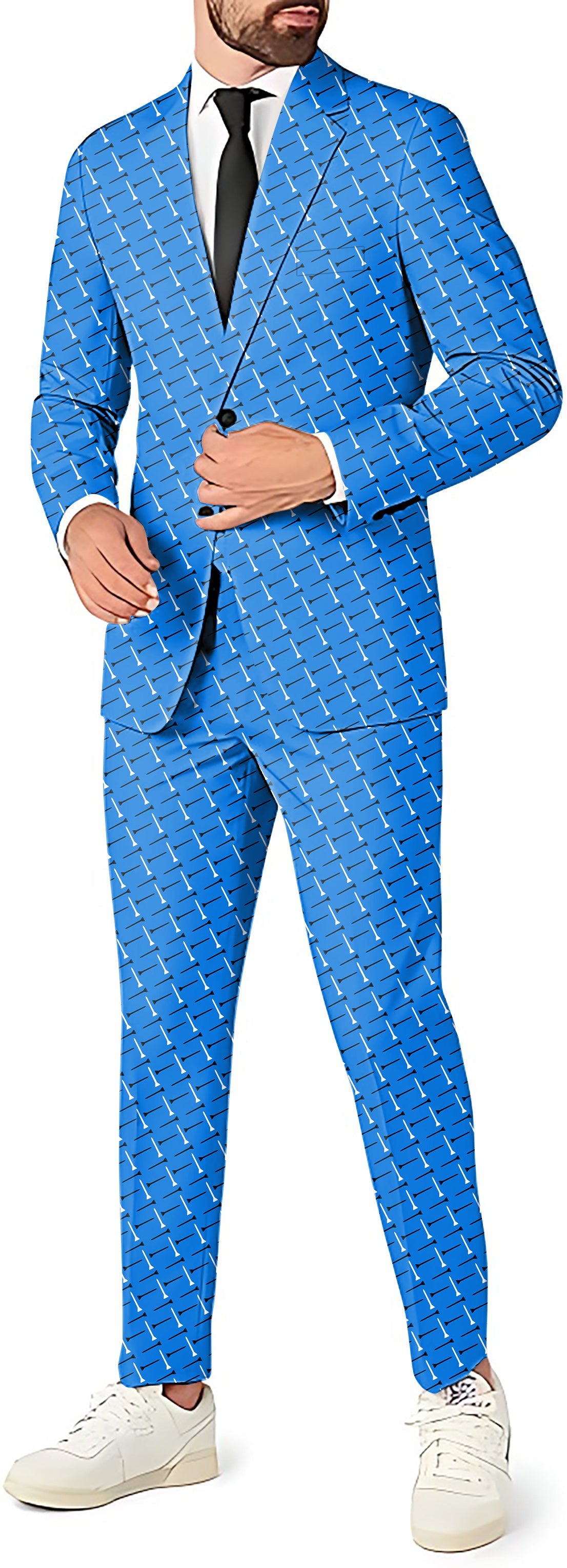 Men's blue custom background color suit set with blazer, pants, and vest for theme parties