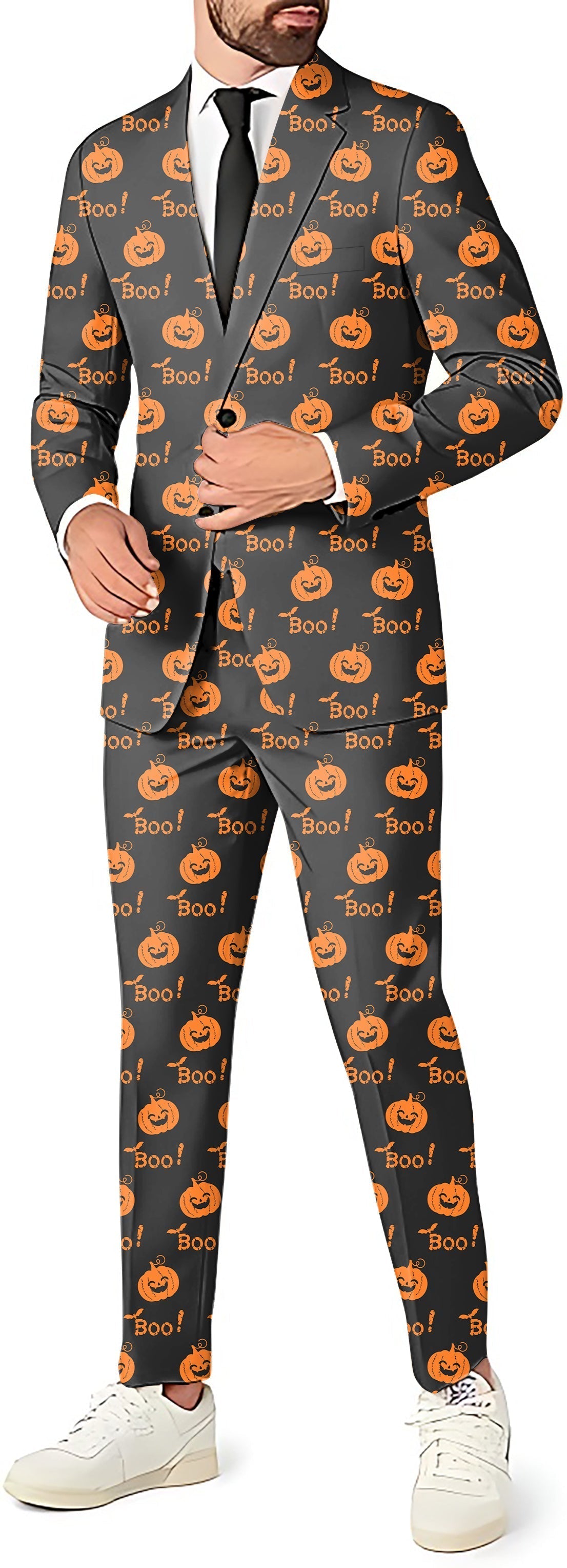 Halloween Boo Pumpkin men's blazer and pants suit with orange pumpkin and "Boo!" print for Halloween party
