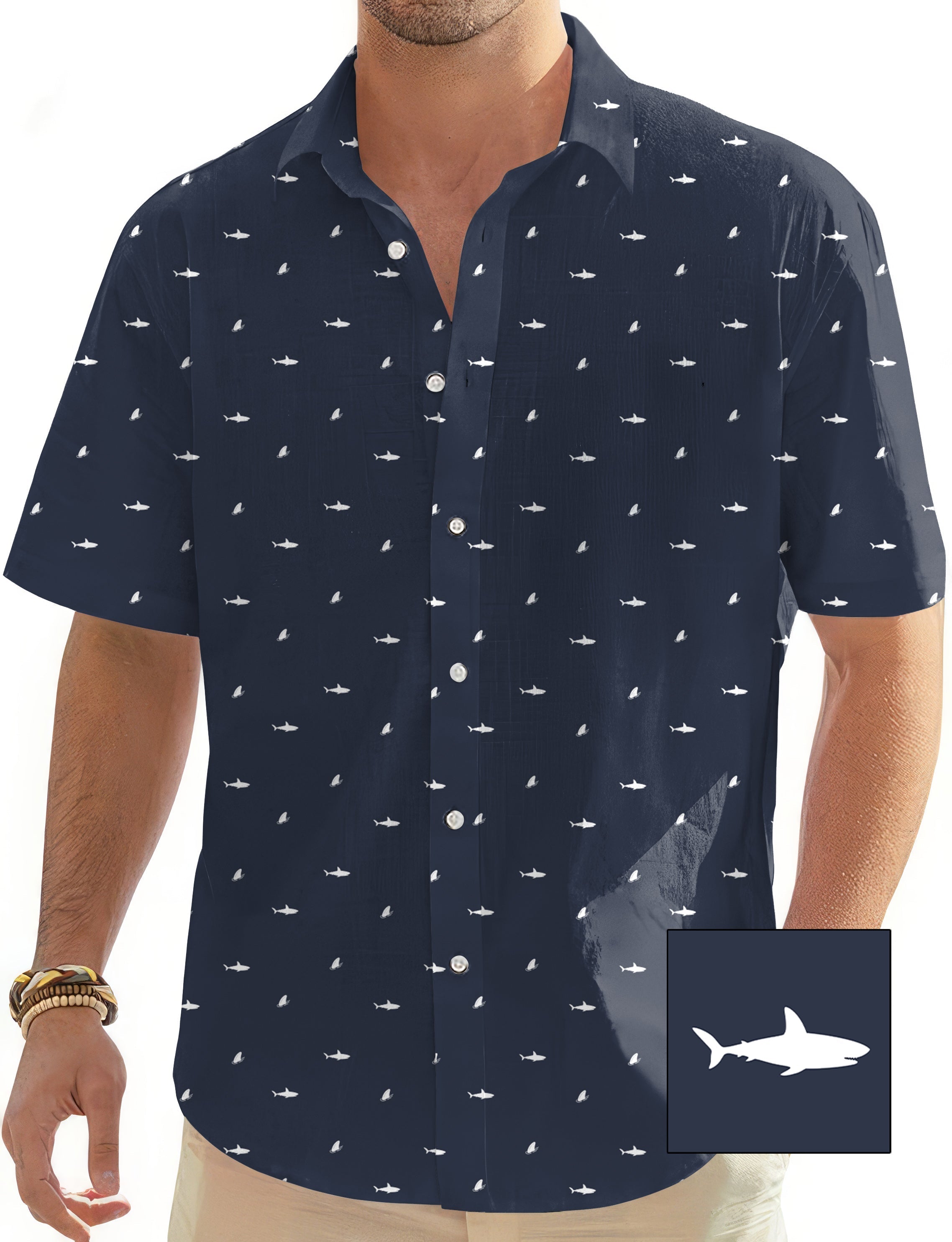 White Shark and Fin Custom men's navy blue short sleeve button-down Hawaiian shirt with shark pattern