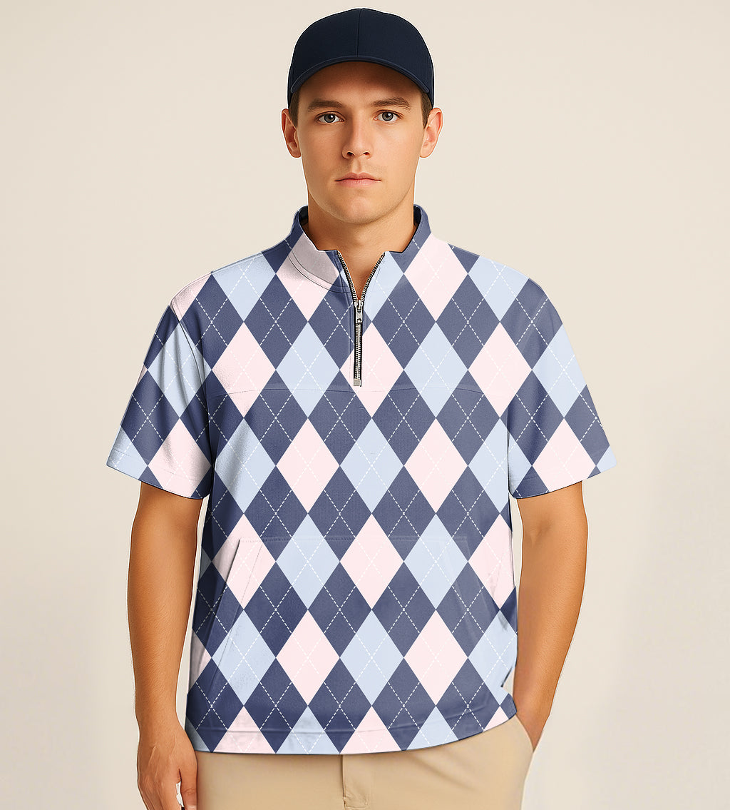 Half zipper turtleneck golf shirt with blue argyle embroidery on a male model