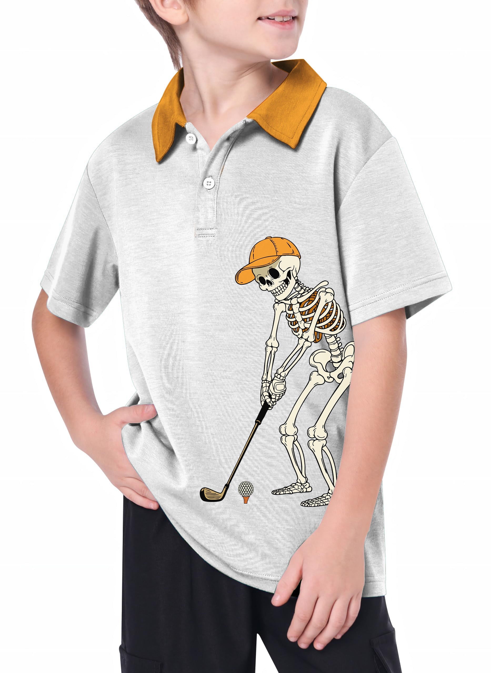 Youth Golf Polo with skeleton golfer graphic and contrasting orange collar