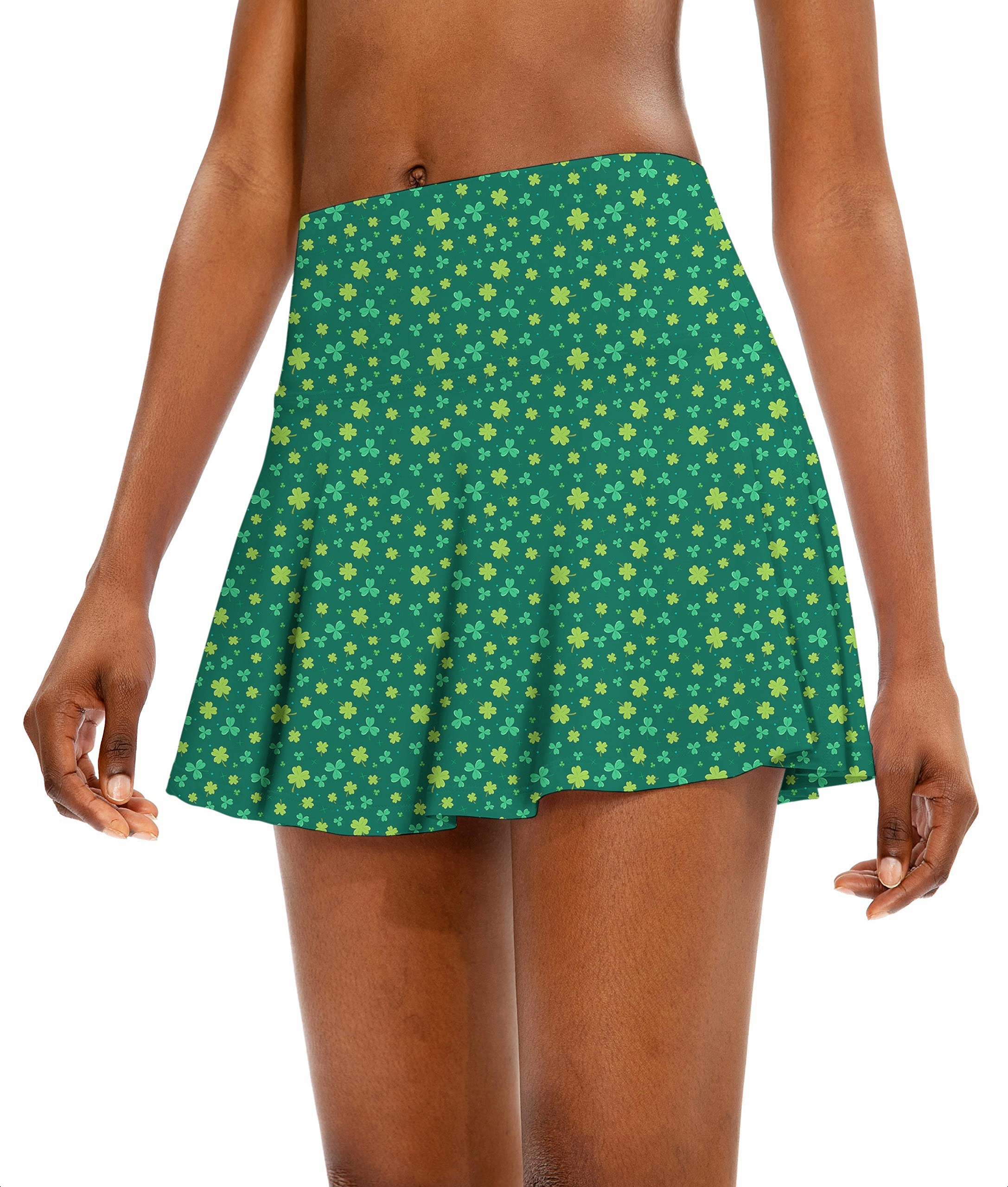 Women's athletic golf skorts flared skirt with green leaf clover St. Patrick's Day pattern