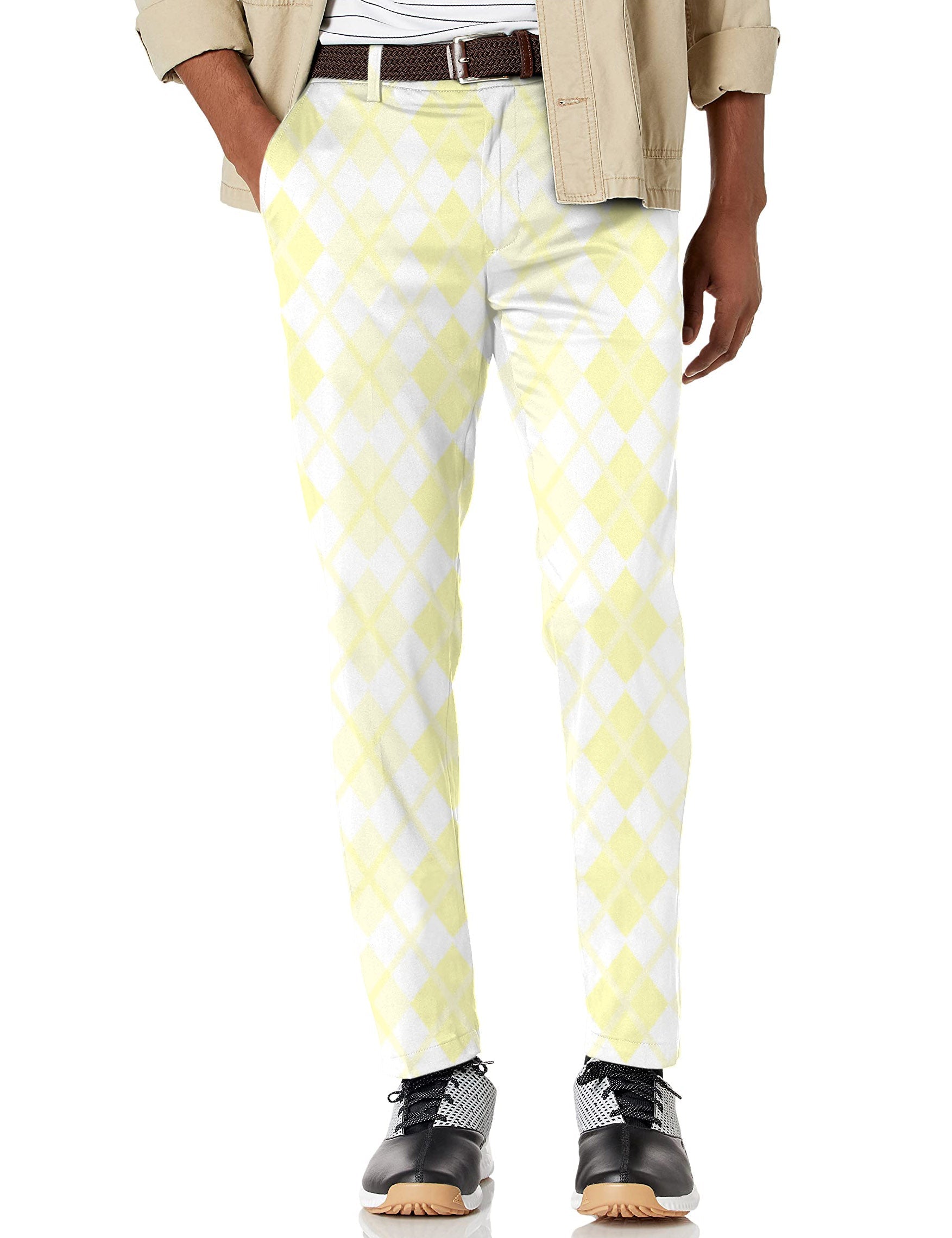 Men's Argyle yellow grid stretch golf pants with moisture-wicking and wrinkle-resistant fabric
