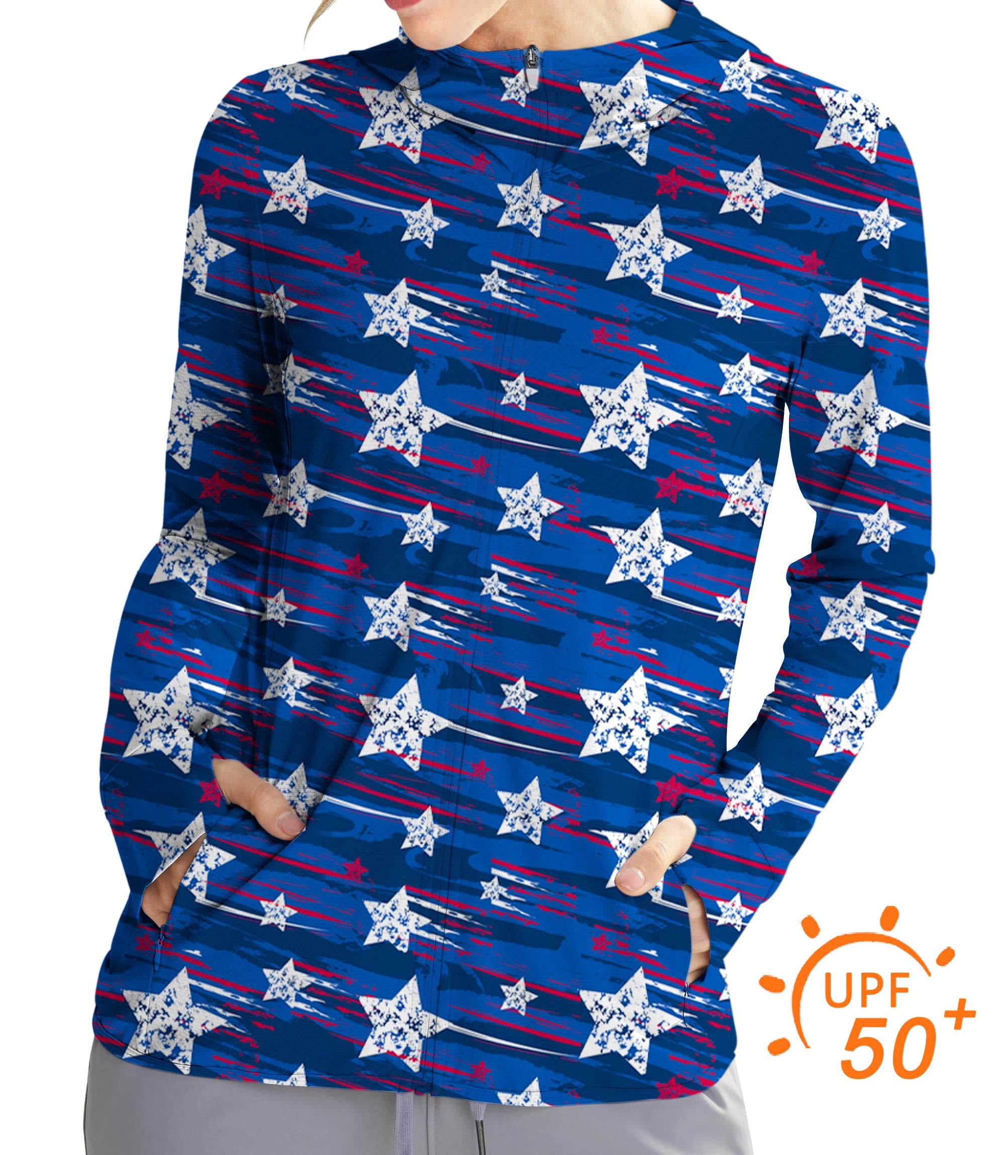 Women's outdoor slim fit zip hoodie with American star print and UPF 50+ sun protection