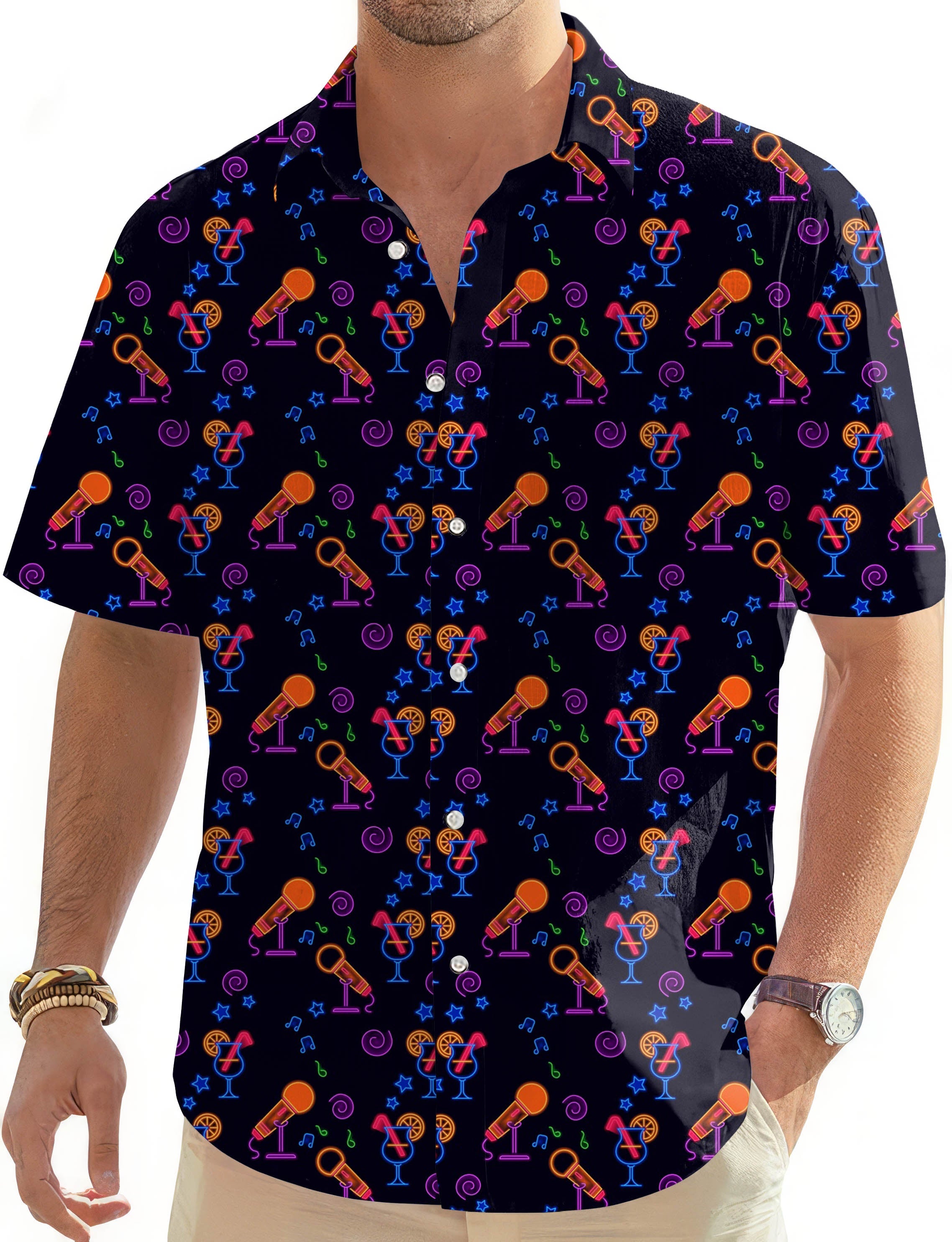 Men's Neon Karaoke Hawaiian golf shirt with button-down collar and vibrant microphone and cocktail print