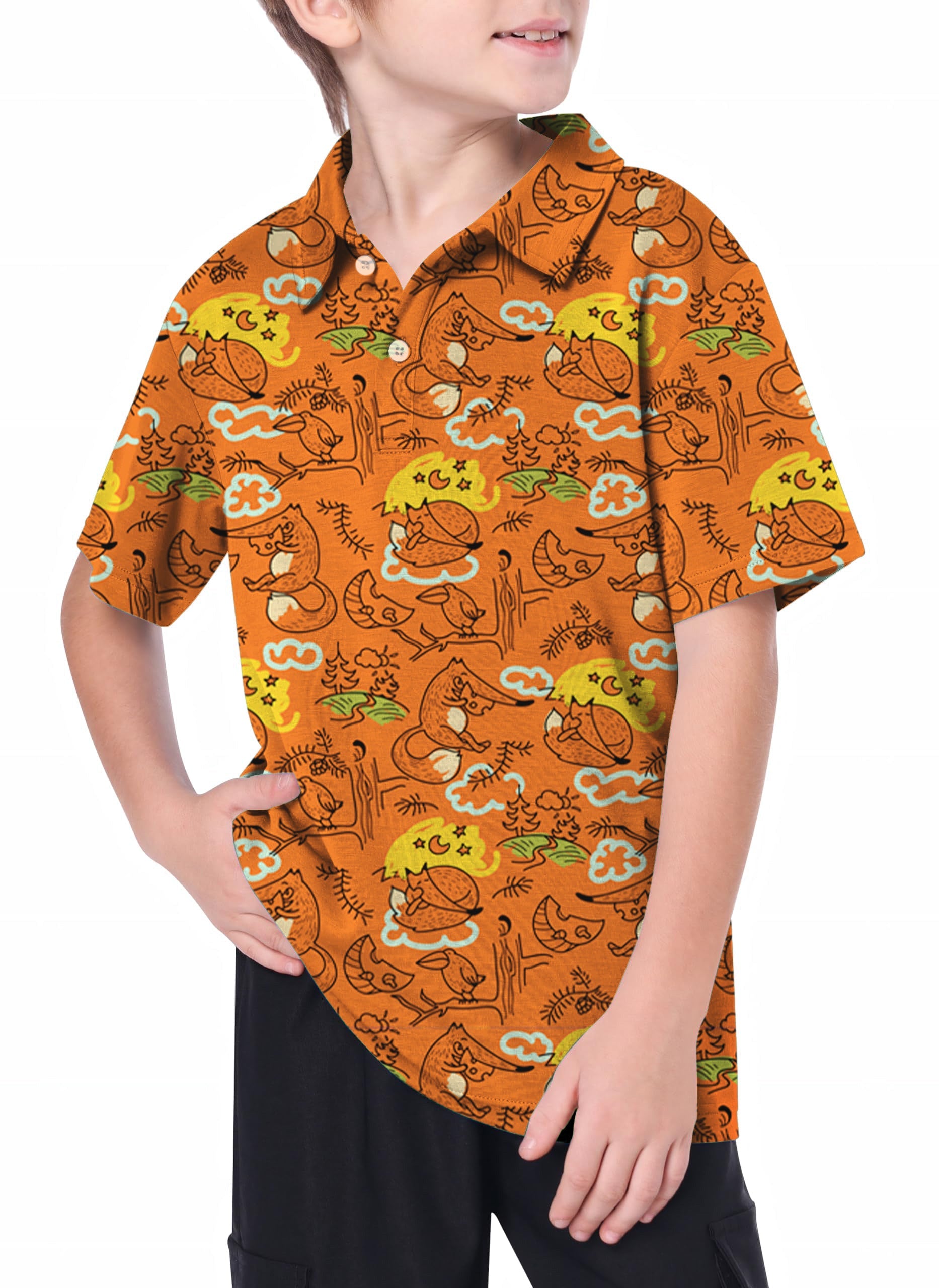 Youth Lazy fox golf polo for kids with orange stretch fabric and playful fox print