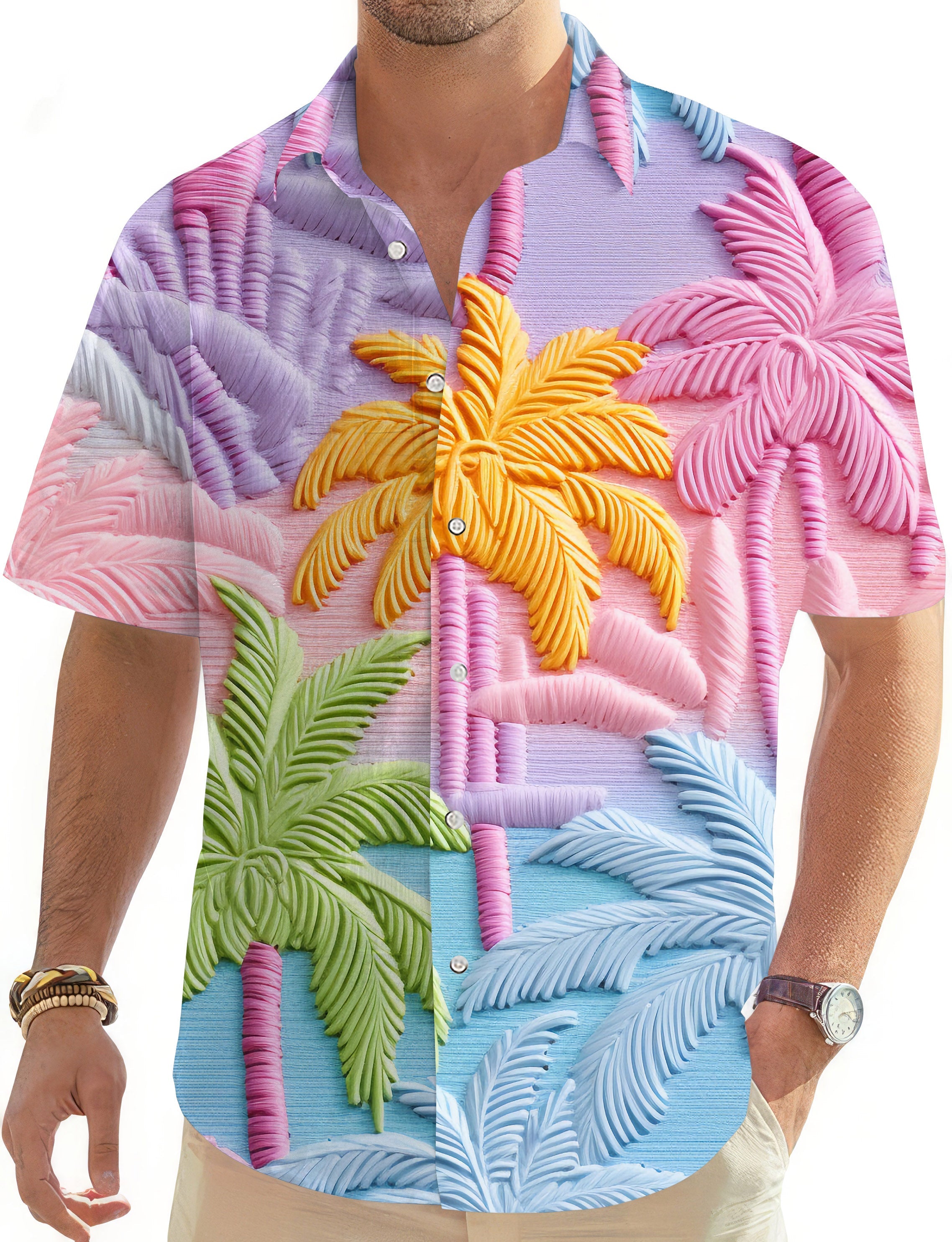Men's Golf Hawaiian shirt with 3D colorful coconut tree print and button-down style