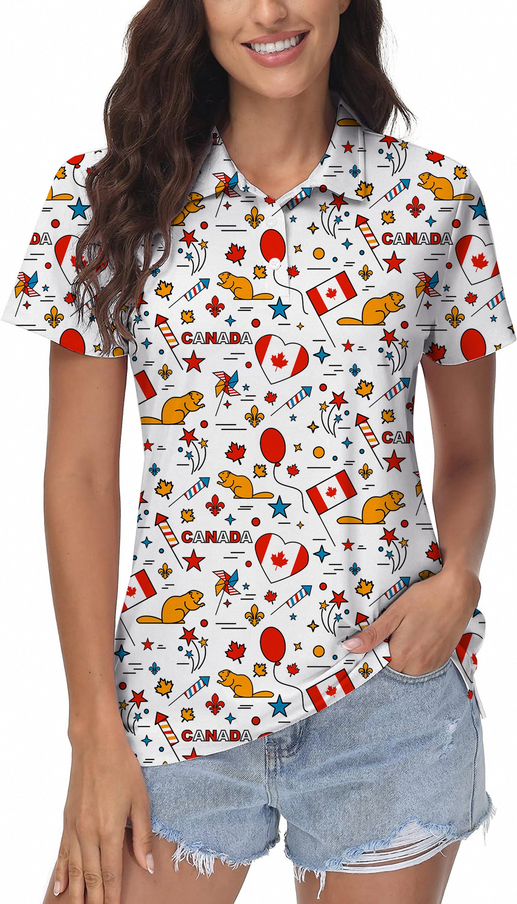 Canadian Balloon Squirrel women's golf polo with Canada-themed print, four-way stretch, moisture-wicking fabric, and UPF 40+ protection