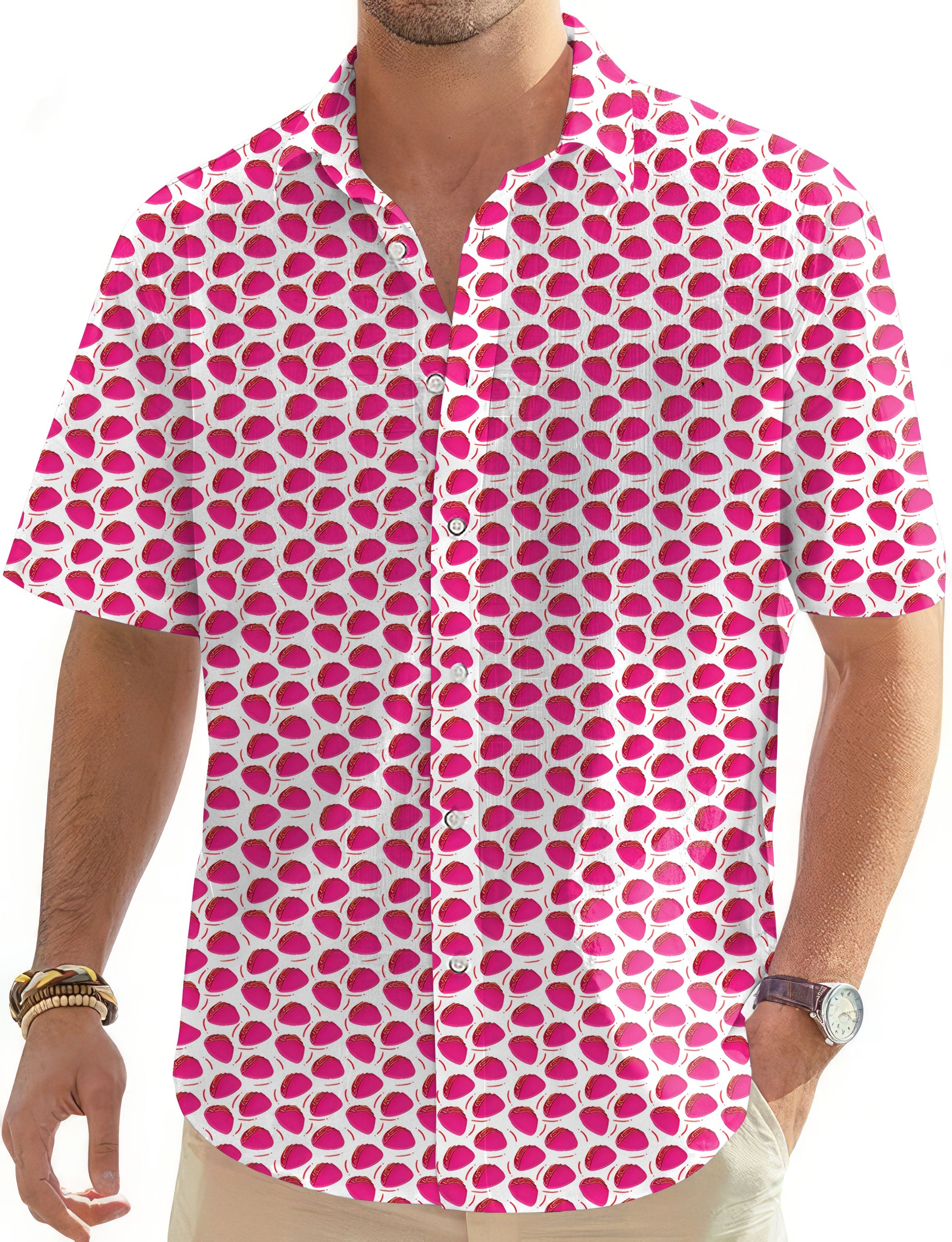 Men's TACO TUESDAY golf Hawaiian button-down shirt with pink and white pattern